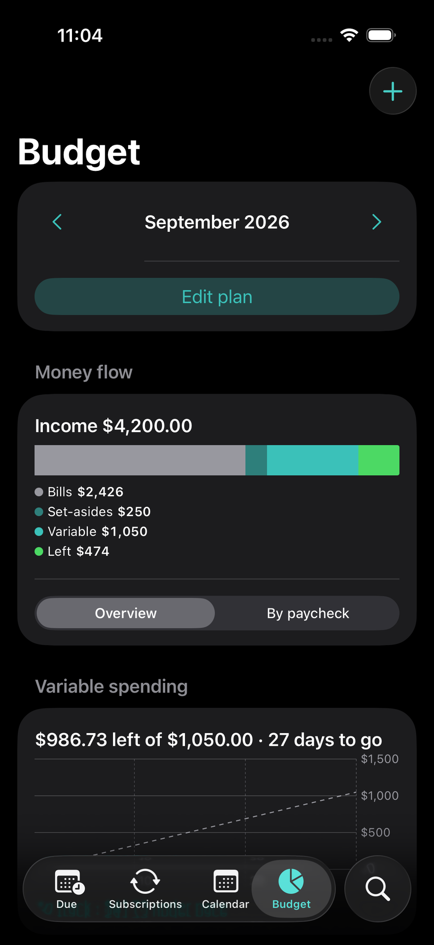 DueBy Budget: money-flow bar, per-paycheck cards, and category progress