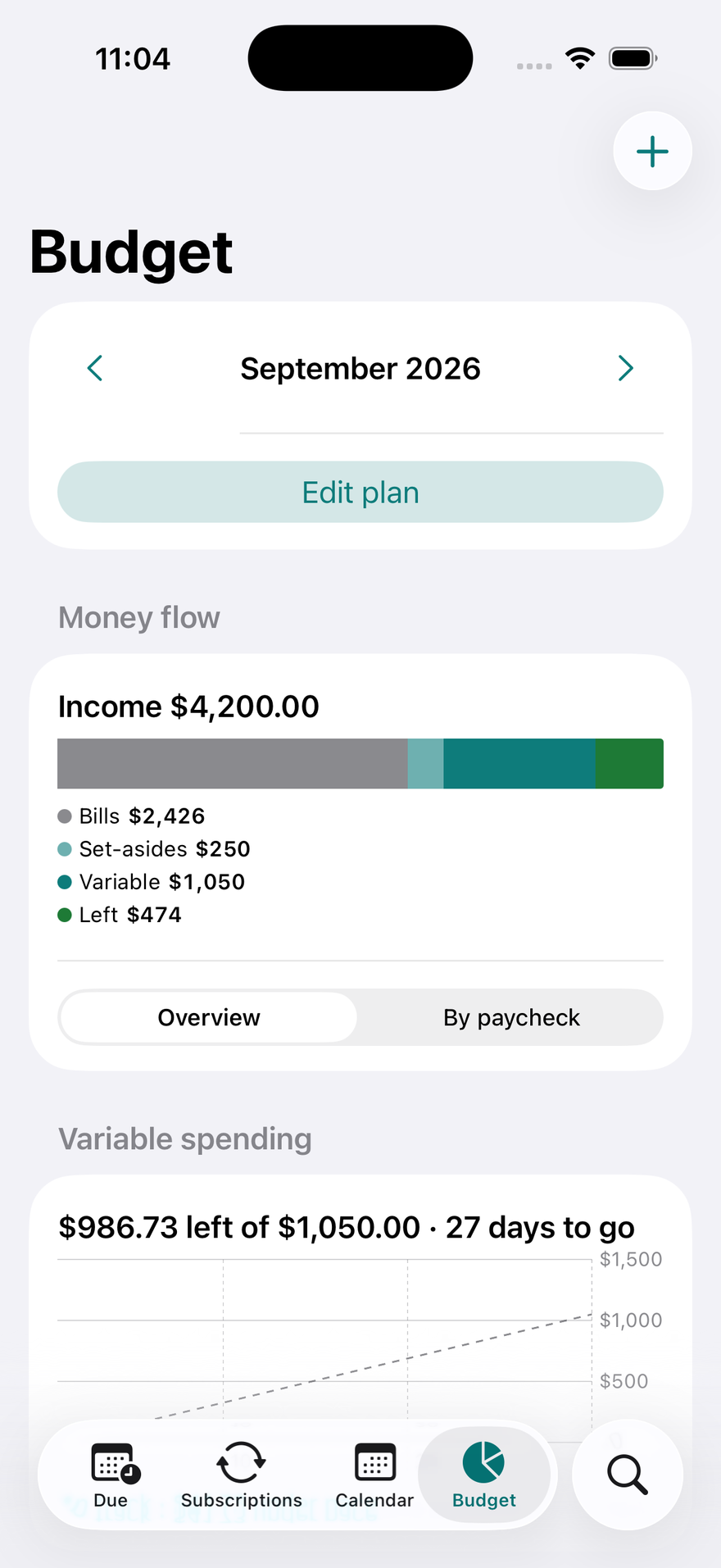 DueBy Budget: money-flow bar, per-paycheck cards, and category progress