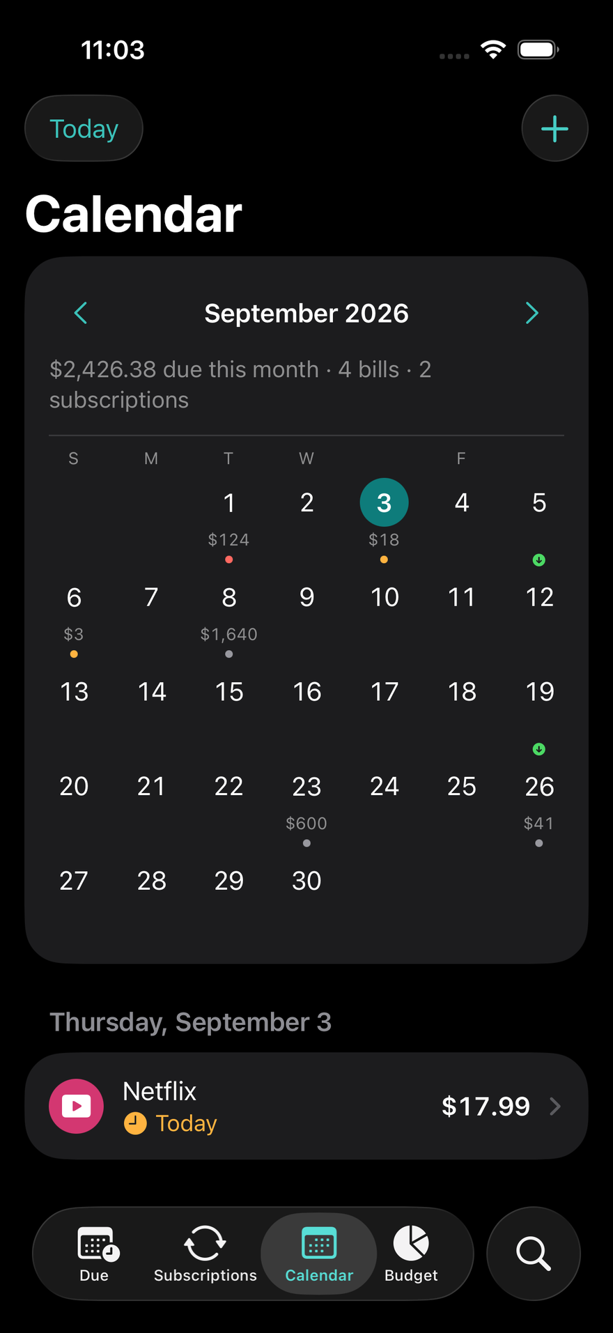 DueBy Calendar: a month grid with due-date dots, paydays, and the selected day's bills