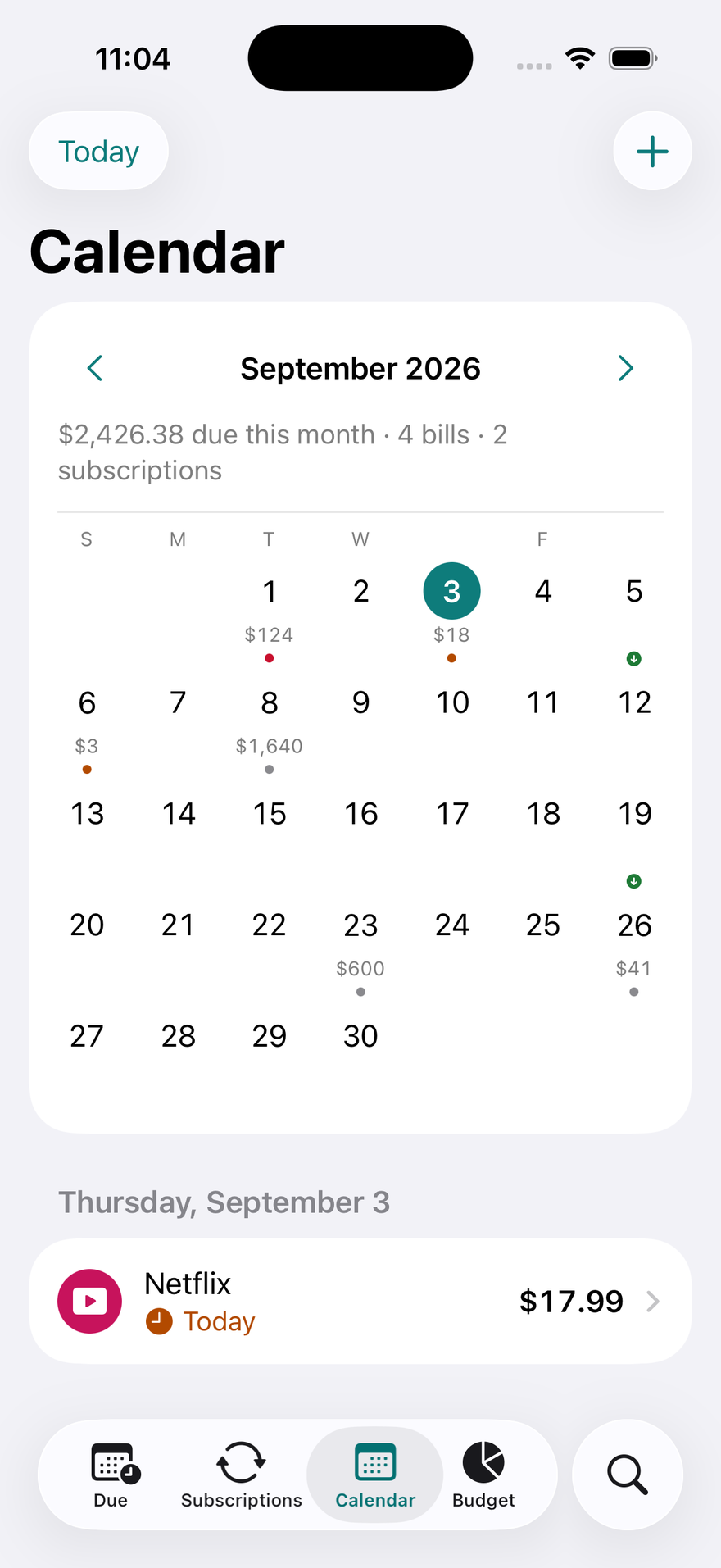DueBy Calendar: a month grid with due-date dots, paydays, and the selected day's bills