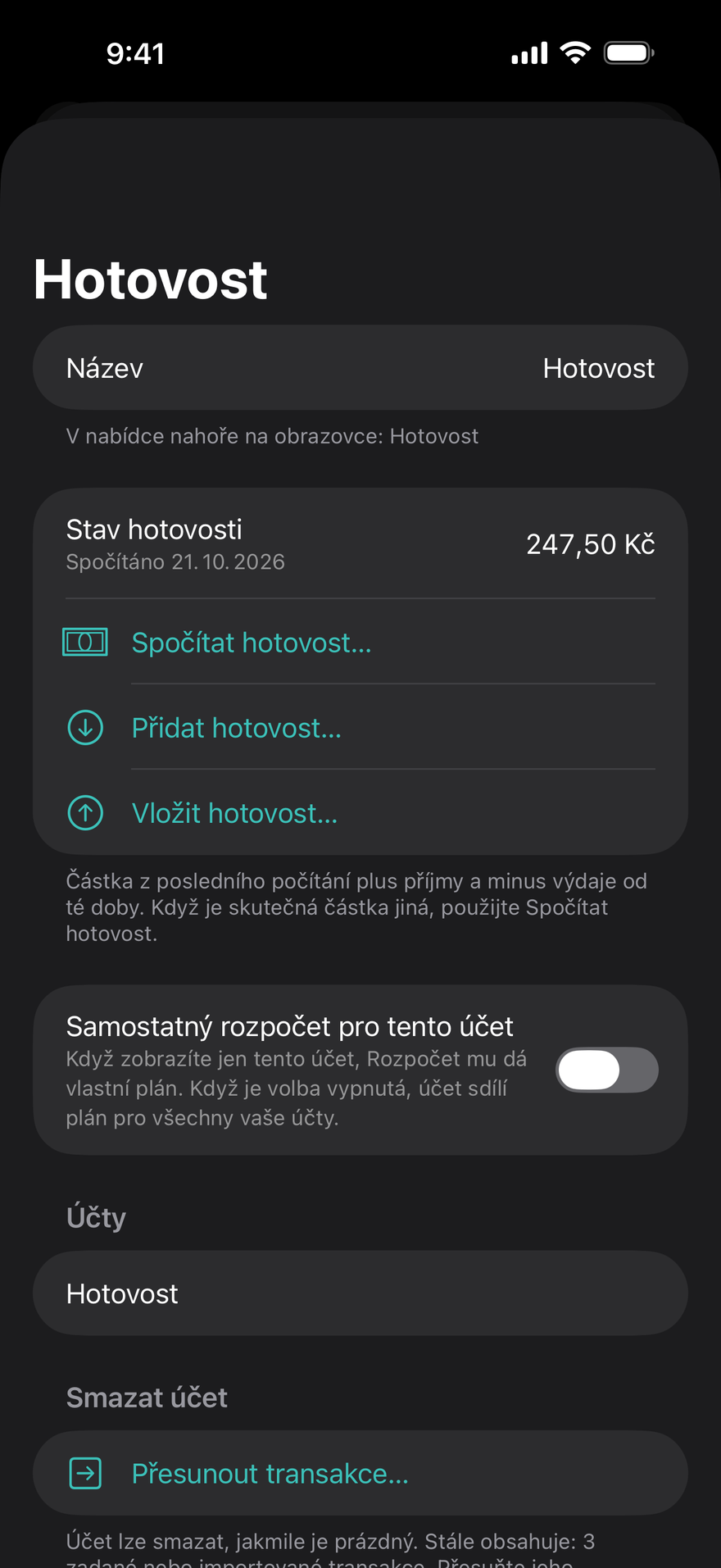 Hotovost a jak byla každá platba uhrazena