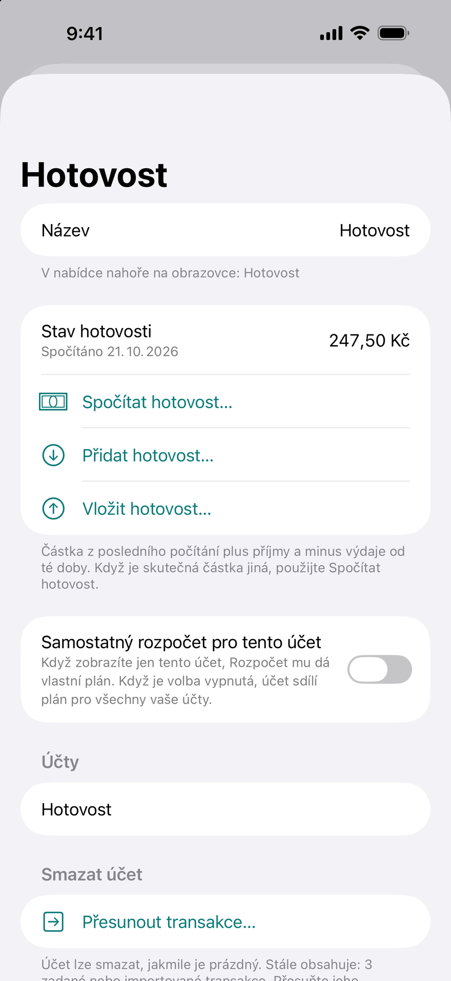 Hotovost a jak byla každá platba uhrazena
