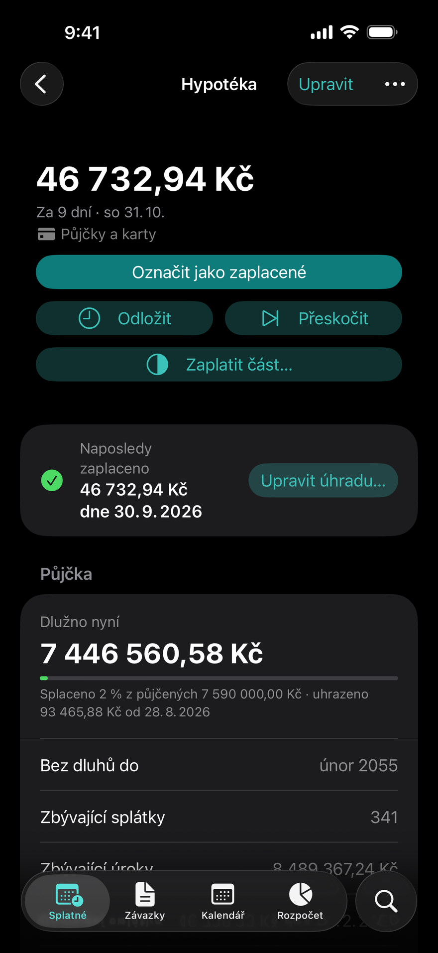 Detail půjčky v DueBy: měsíční splátka hypotéky, kolik ještě zbývá splatit a datum, kdy budete bez dluhů