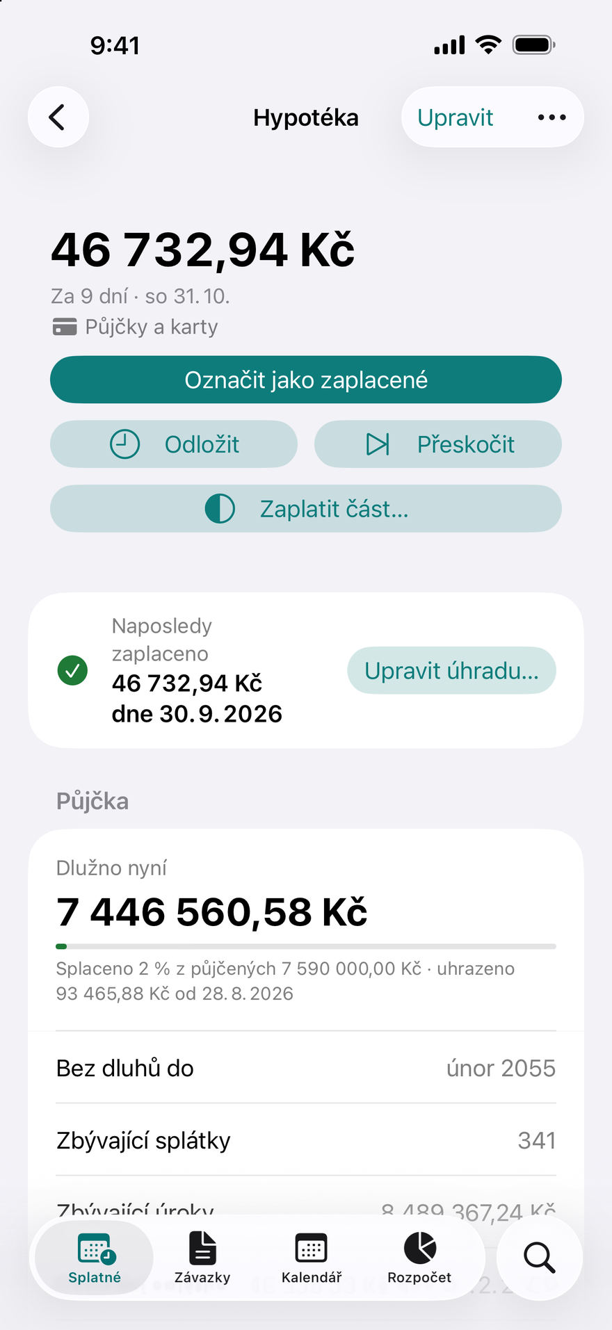 Detail půjčky v DueBy: měsíční splátka hypotéky, kolik ještě zbývá splatit a datum, kdy budete bez dluhů