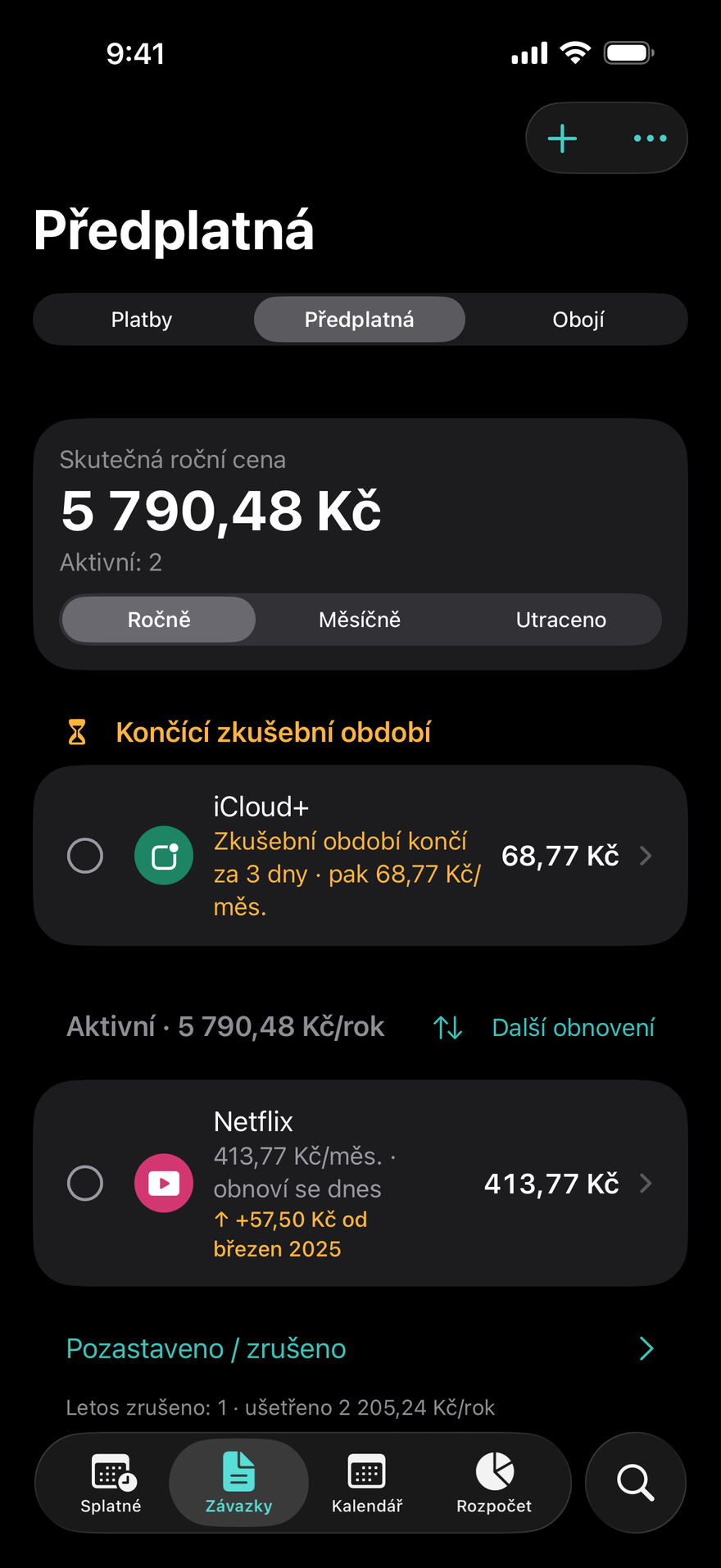 Předplatná v DueBy: končící zkušební období, aktivní předplatná s roční částkou a štítek se zdražením