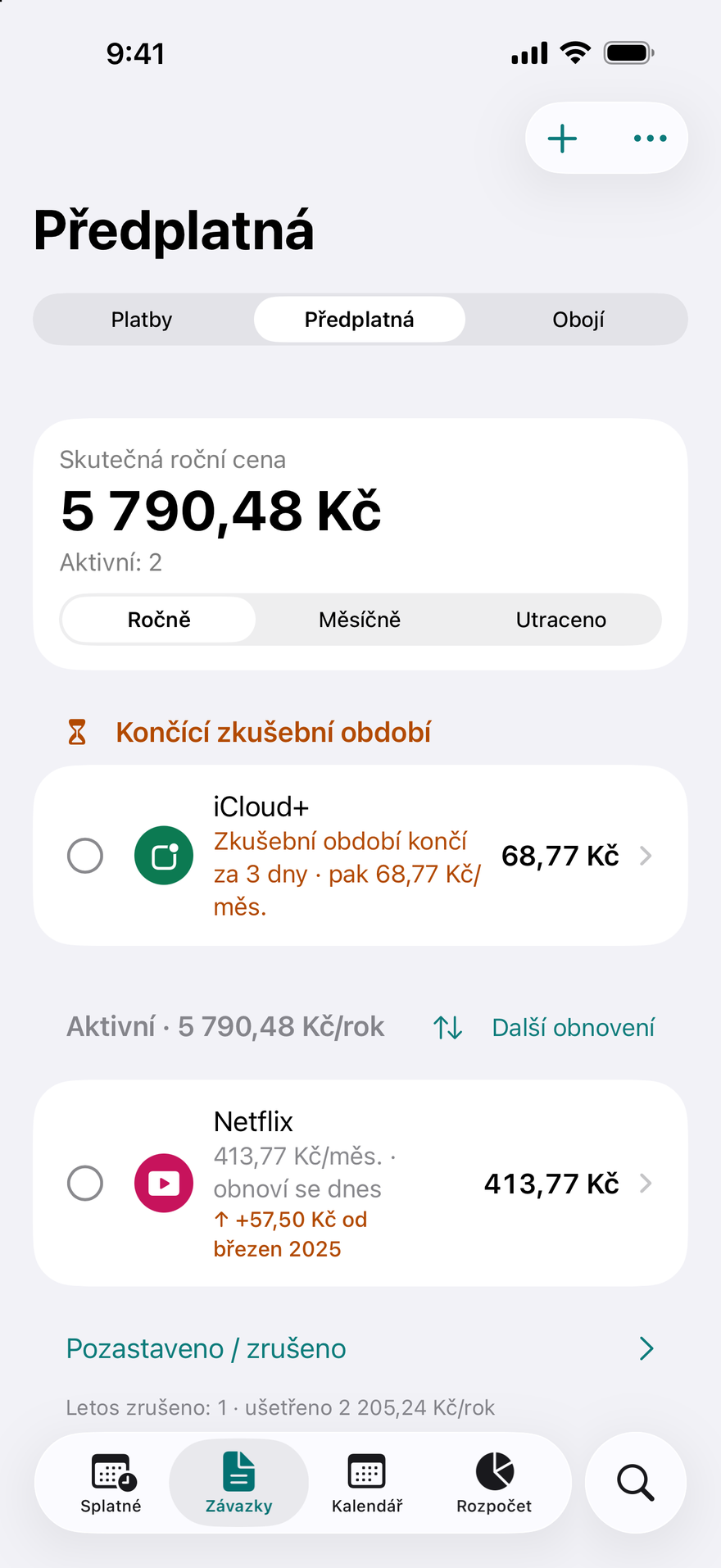 Předplatná v DueBy: končící zkušební období, aktivní předplatná s roční částkou a štítek se zdražením