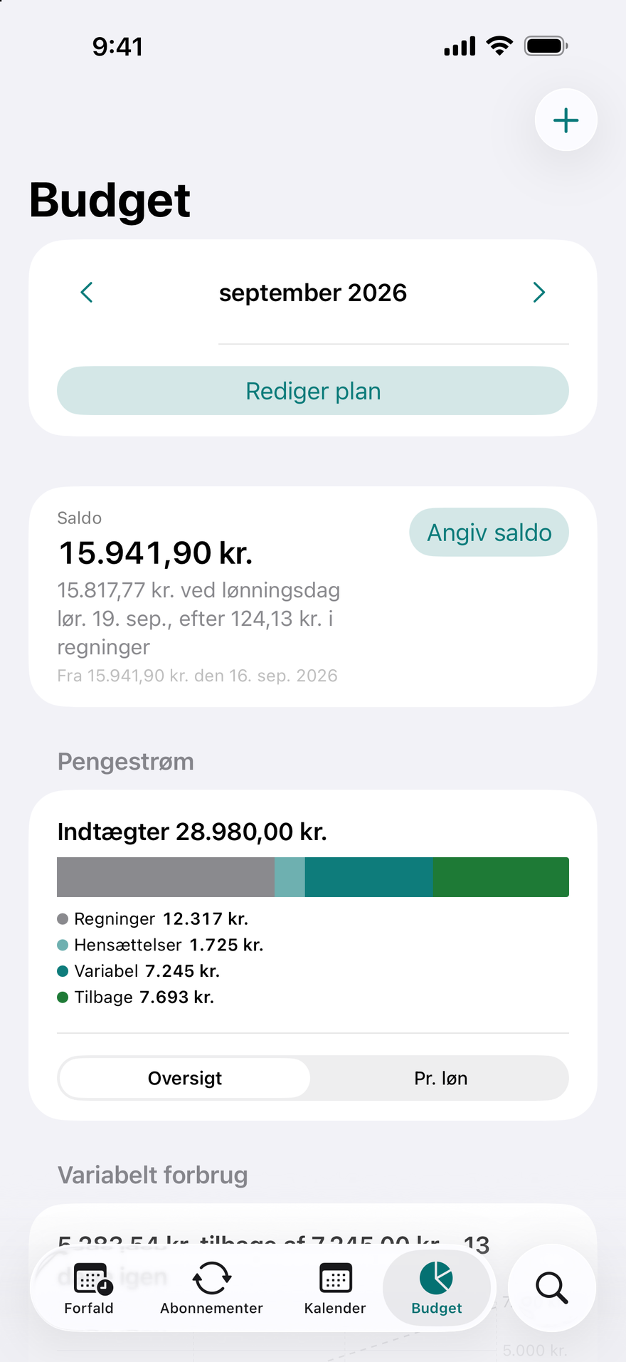 DueBy Budget: bjælke over pengestrømmen, kort pr. løn og status pr. kategori
