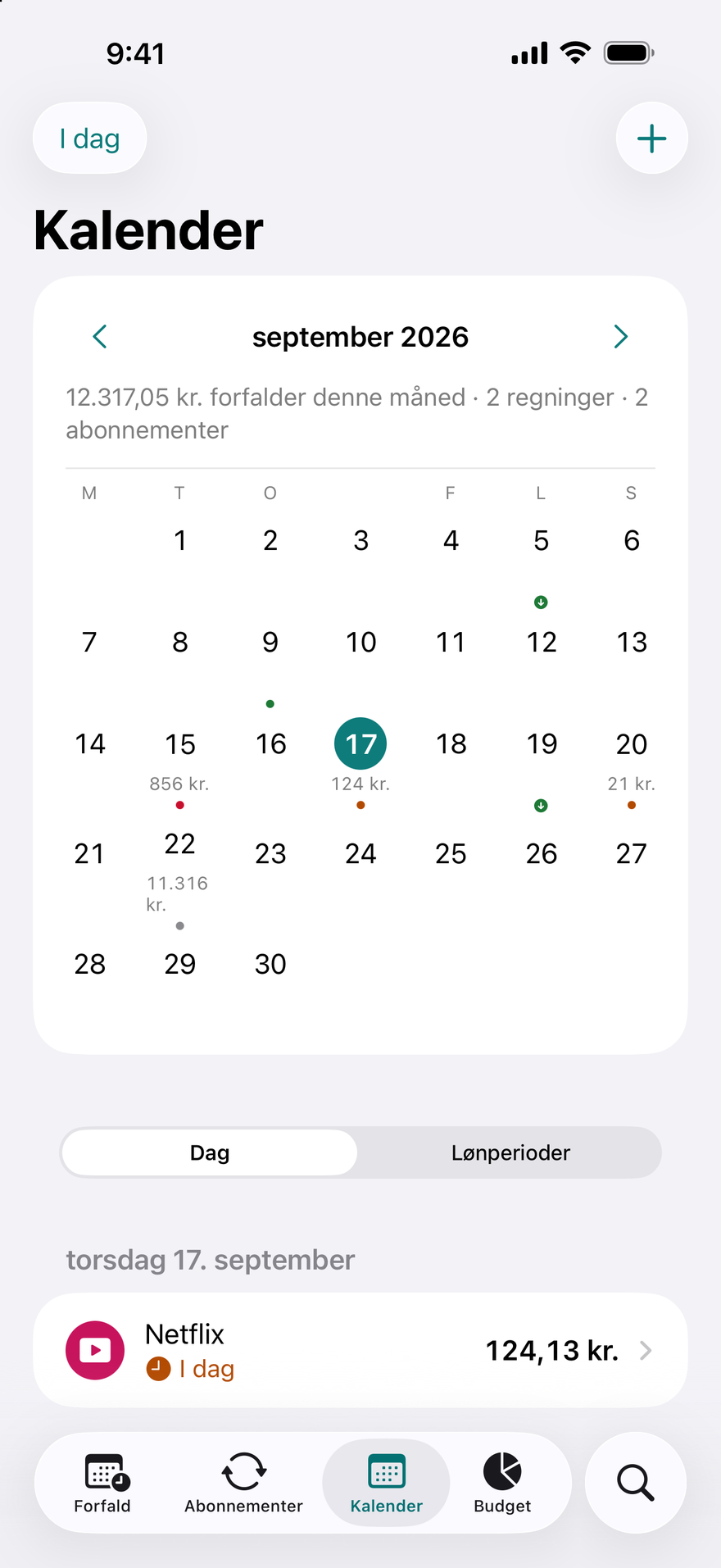 DueBy Kalender: et månedsgitter med prikker for forfaldsdatoer, lønningsdage og den valgte dags regninger