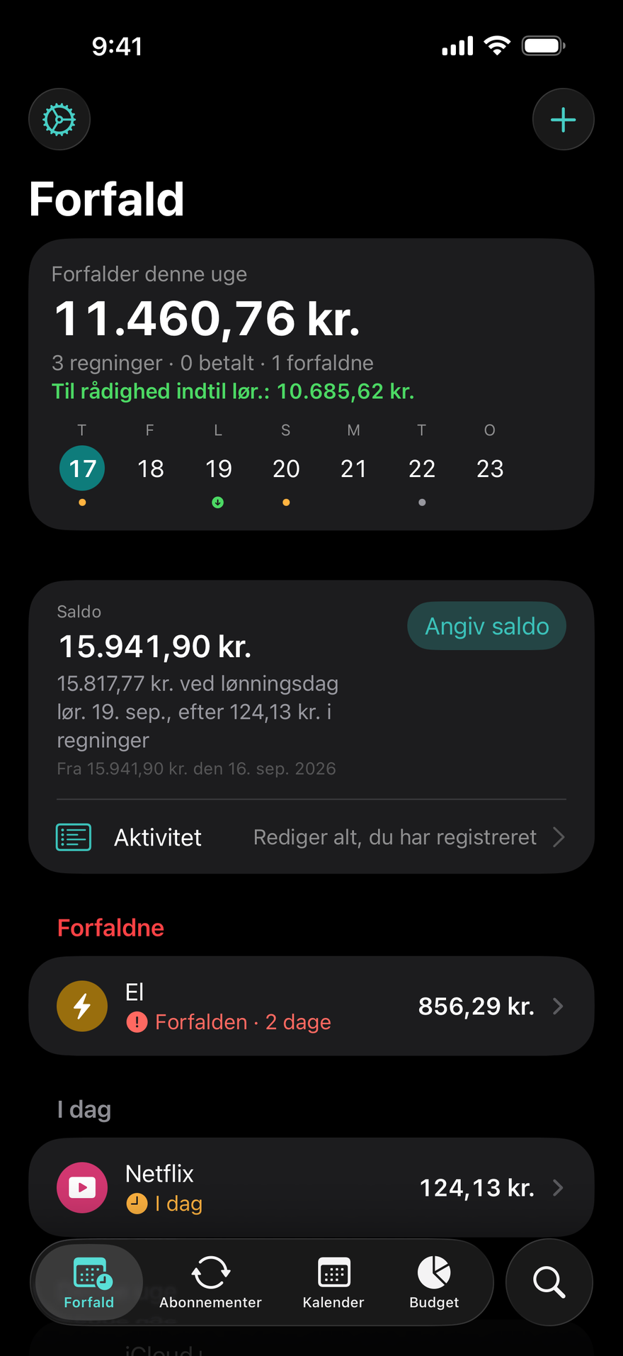 DueBy-skærmen Forfald: $1,660.98 forfalder denne uge, Til rådighed indtil lørdag $1,911.73, en forfalden elregning, Netflix forfalder i dag, og iCloud+ forfalder om 3 dage