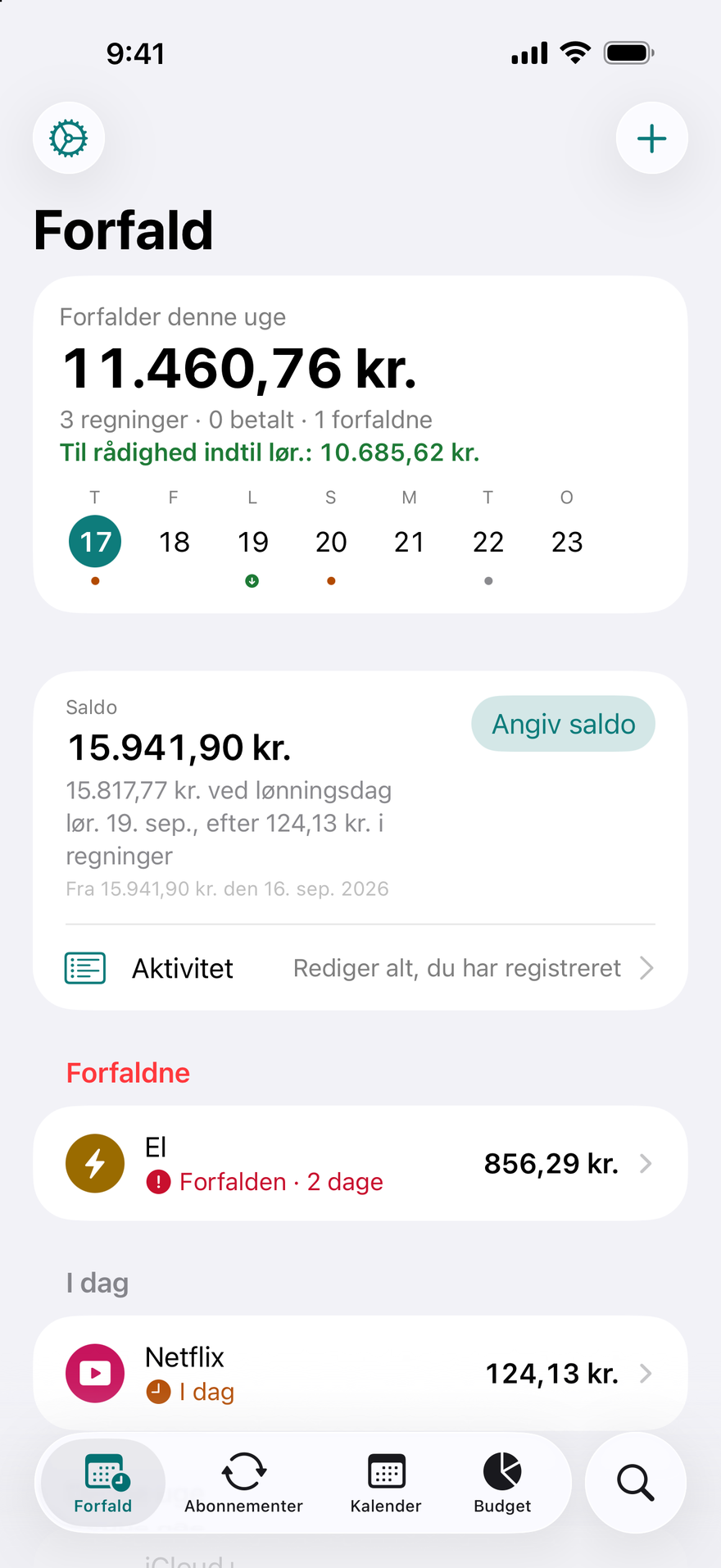 DueBy-skærmen Forfald: $1,660.98 forfalder denne uge, Til rådighed indtil lørdag $1,911.73, en forfalden elregning, Netflix forfalder i dag, og iCloud+ forfalder om 3 dage