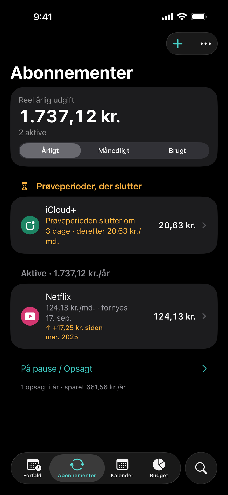 DueBy Abonnementer: prøveperioder, der slutter, aktive abonnementer med årstotal og et mærke for prisstigning