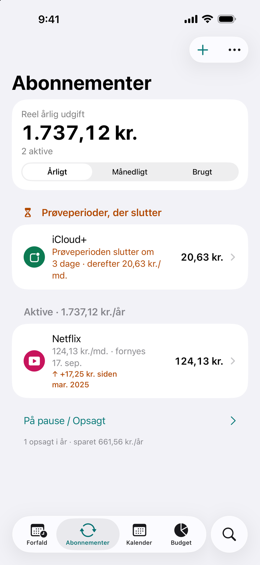 DueBy Abonnementer: prøveperioder, der slutter, aktive abonnementer med årstotal og et mærke for prisstigning