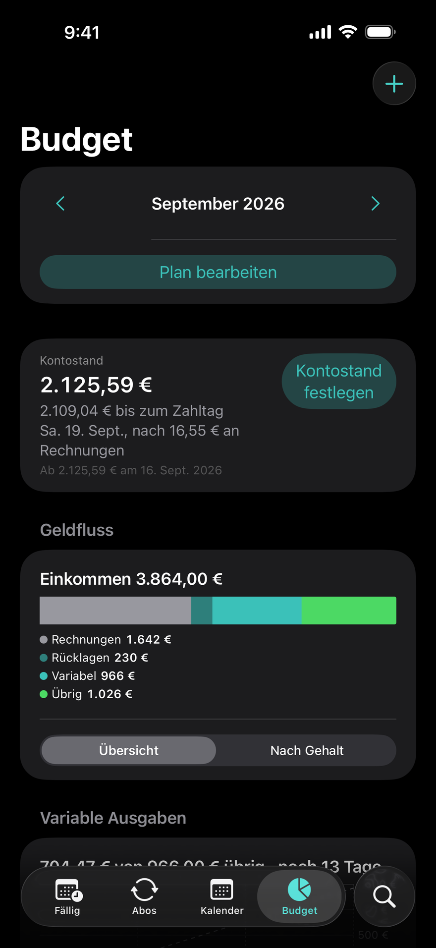 DueBy-Budget: Geldfluss-Balken, Karten pro Gehalt und Fortschritt nach Kategorie