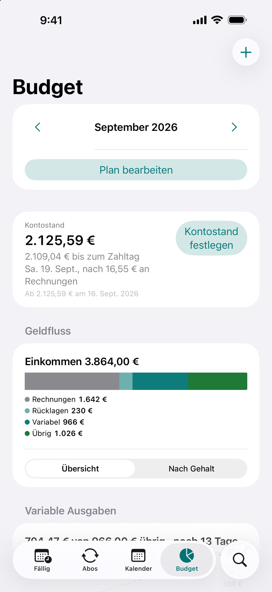 DueBy-Budget: Geldfluss-Balken, Karten pro Gehalt und Fortschritt nach Kategorie