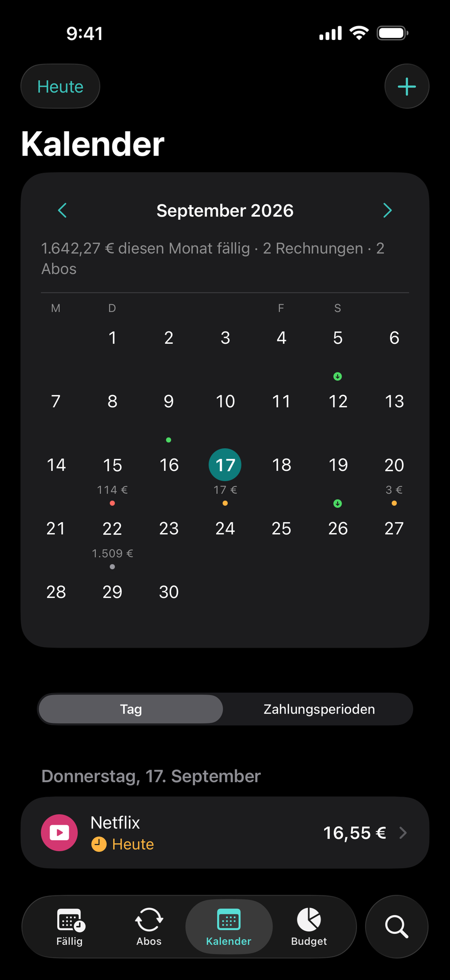 DueBy-Kalender: ein Monatsraster mit Punkten für Fälligkeiten, Zahltagen und den Rechnungen des gewählten Tages
