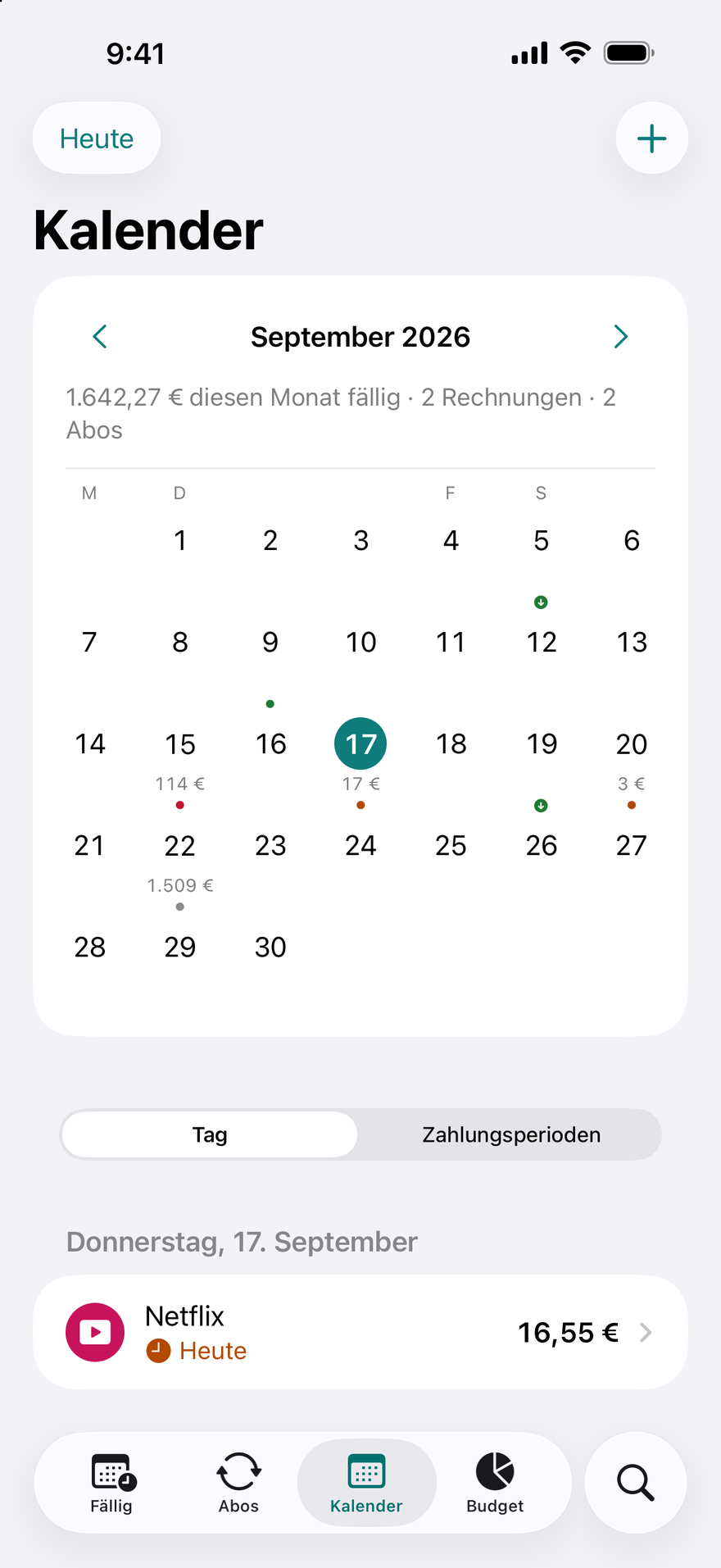 DueBy-Kalender: ein Monatsraster mit Punkten für Fälligkeiten, Zahltagen und den Rechnungen des gewählten Tages