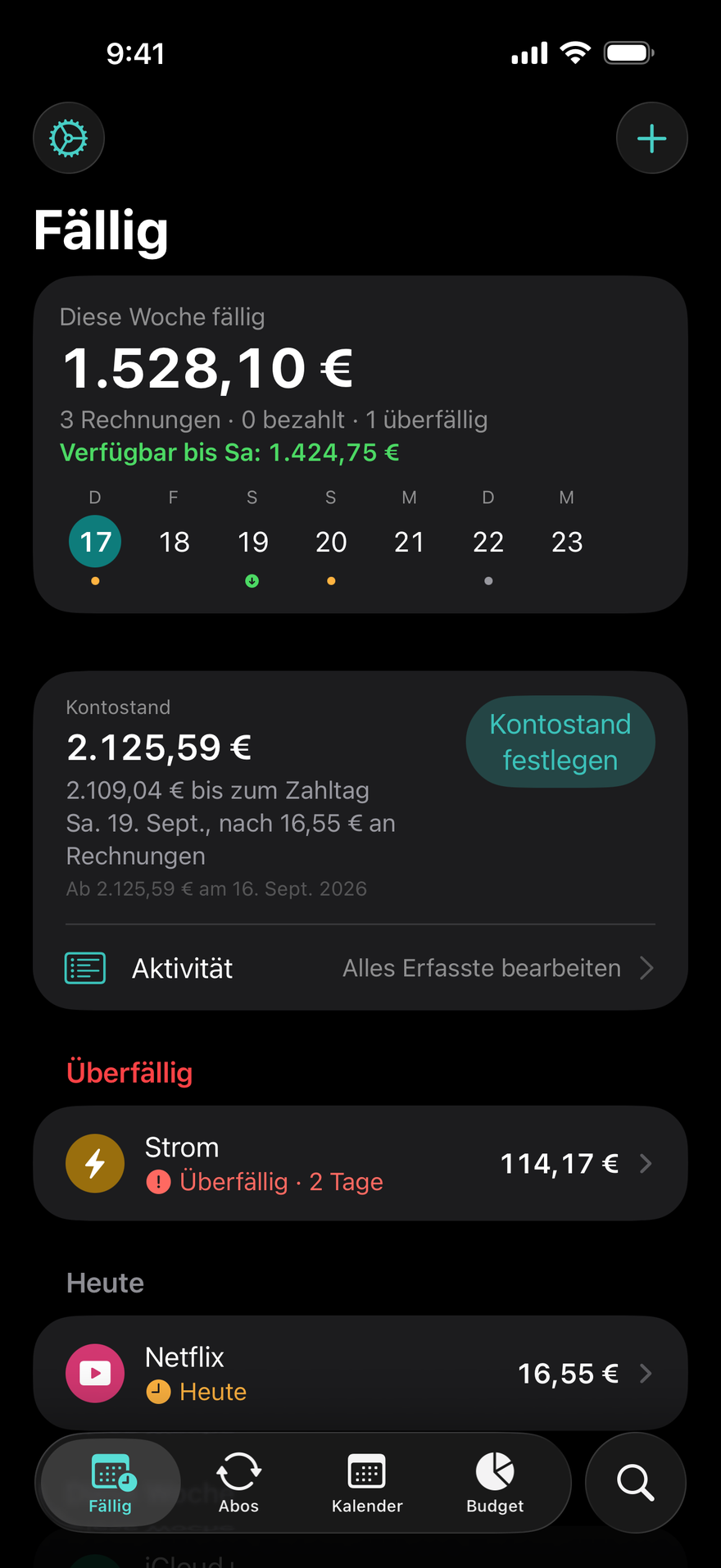 DueBy-Ansicht „Fällig“: 1.660,98 $ diese Woche fällig, Verfügbar bis Samstag 1.911,73 $, eine überfällige Stromrechnung, Netflix heute fällig und iCloud+ in 3 Tagen fällig