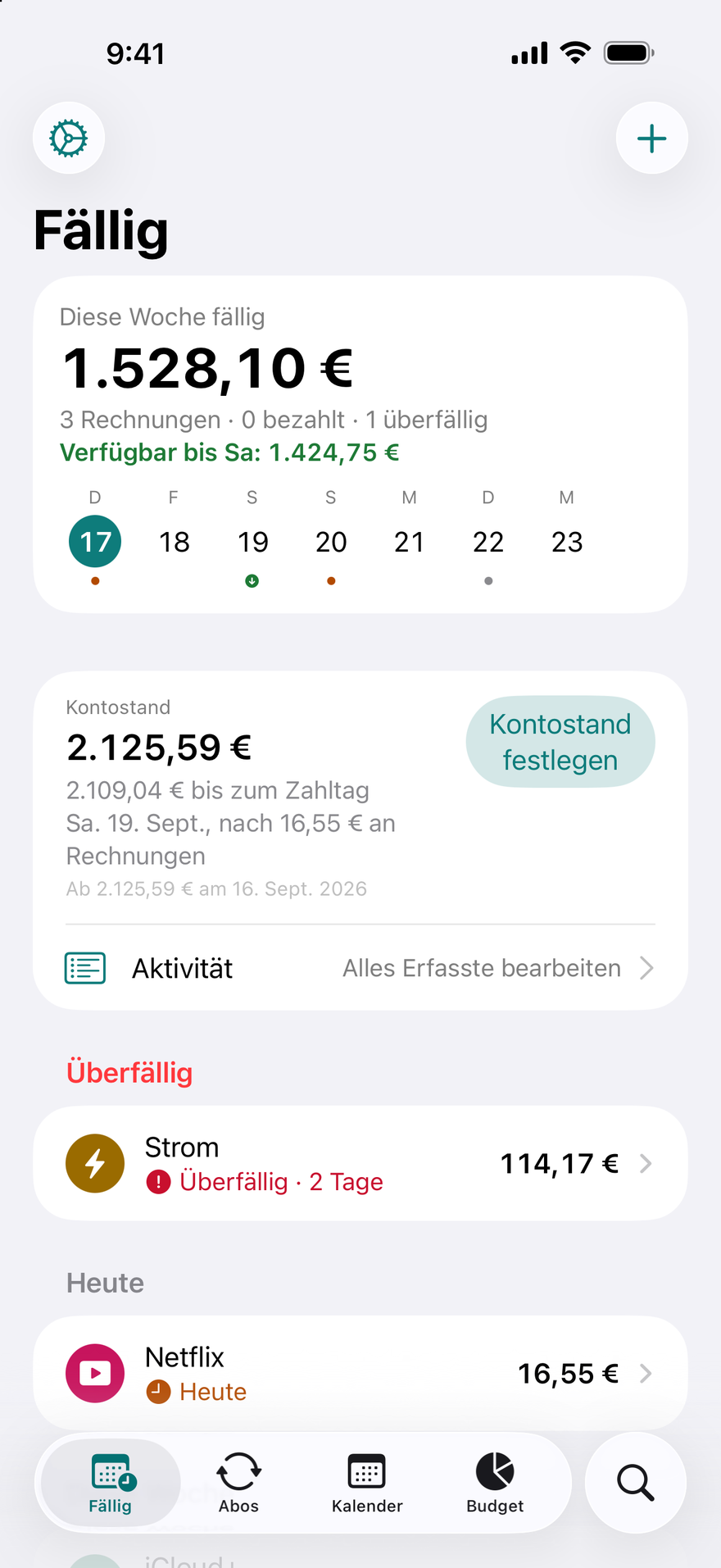 DueBy-Ansicht „Fällig“: 1.660,98 $ diese Woche fällig, Verfügbar bis Samstag 1.911,73 $, eine überfällige Stromrechnung, Netflix heute fällig und iCloud+ in 3 Tagen fällig