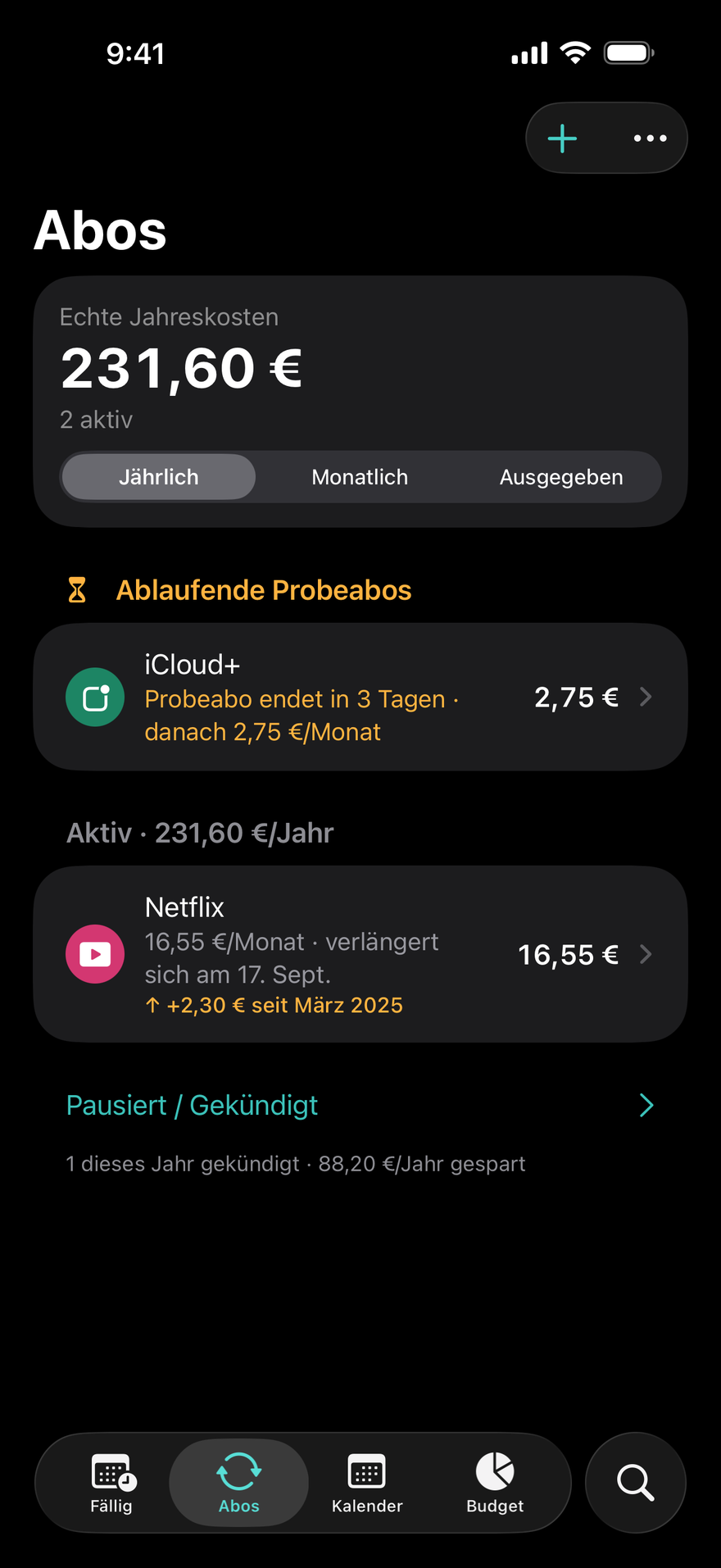 DueBy-Abos: ablaufende Probeabos, aktive Abos mit Jahressumme und ein Hinweis auf eine Preiserhöhung