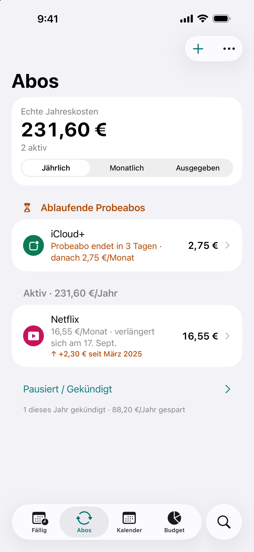DueBy-Abos: ablaufende Probeabos, aktive Abos mit Jahressumme und ein Hinweis auf eine Preiserhöhung