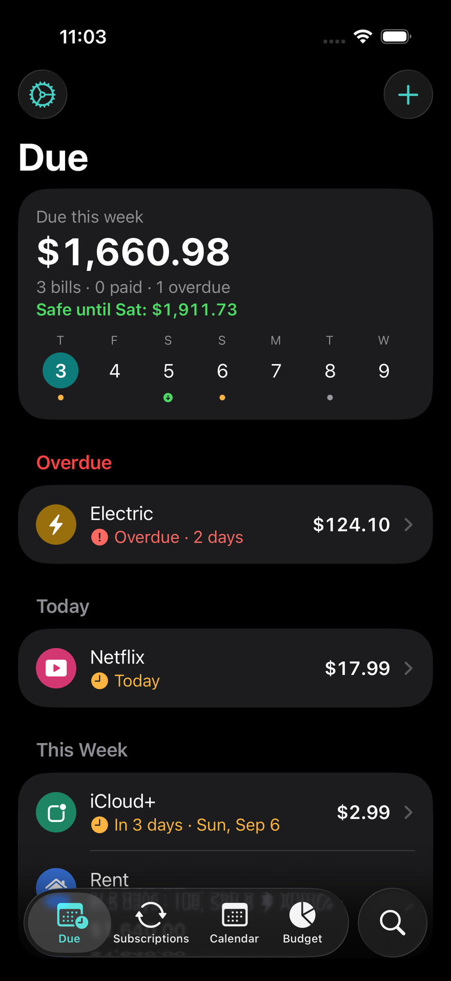 DueBy Due screen: $1,660.98 due this week, Safe until Saturday $1,911.73, an overdue electric bill, Netflix due today, and iCloud+ due in 3 days