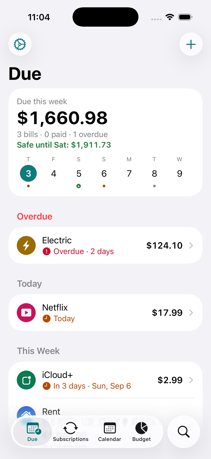 DueBy Due screen: $1,660.98 due this week, Safe until Saturday $1,911.73, an overdue electric bill, Netflix due today, and iCloud+ due in 3 days