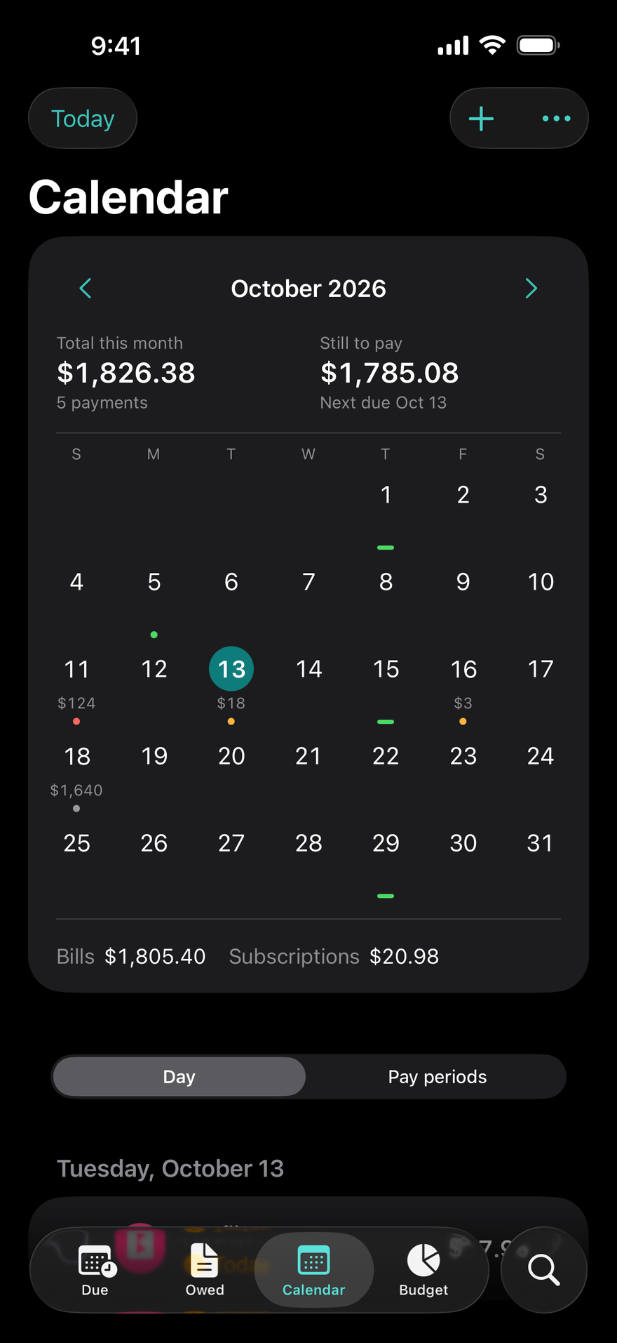 DueBy bill calendar - keep track of bills by due date, with the month's total and what's still to pay