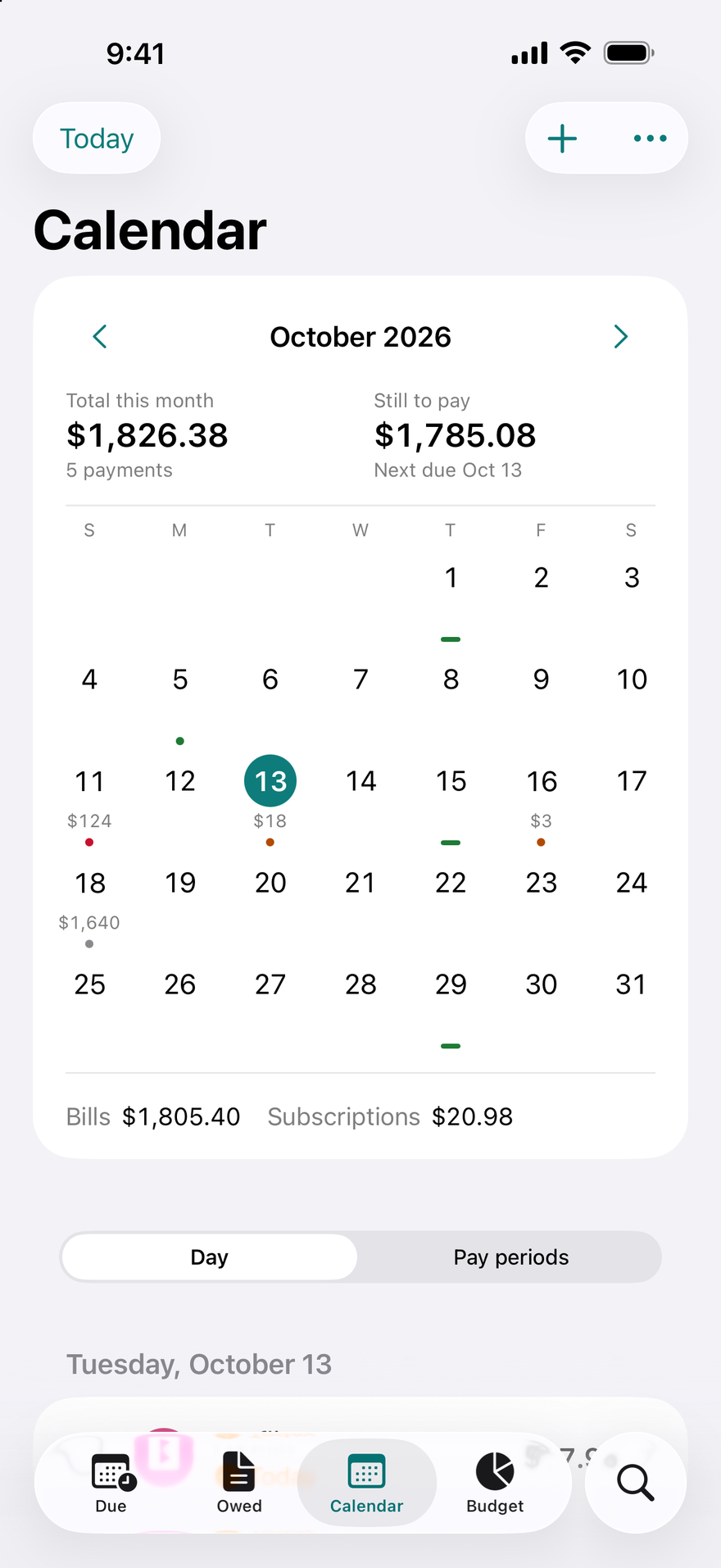 DueBy bill calendar - keep track of bills by due date, with the month's total and what's still to pay