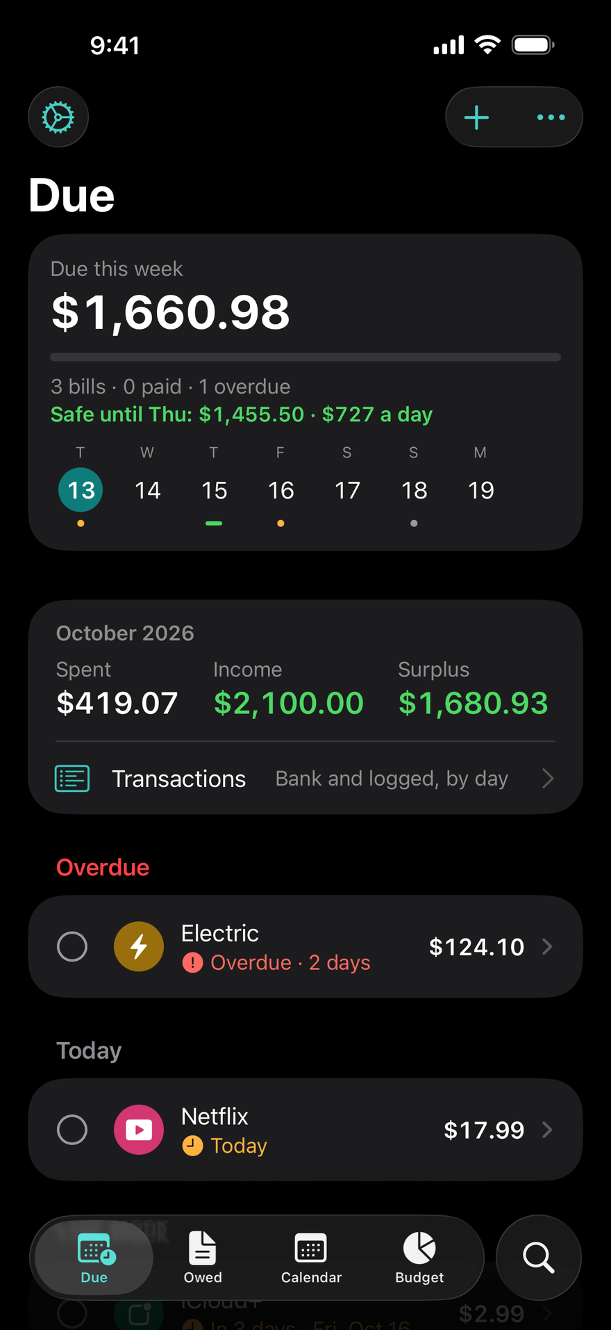 DueBy Due screen - a bill tracker showing what's due this week, an overdue bill, and what's safe to spend until payday