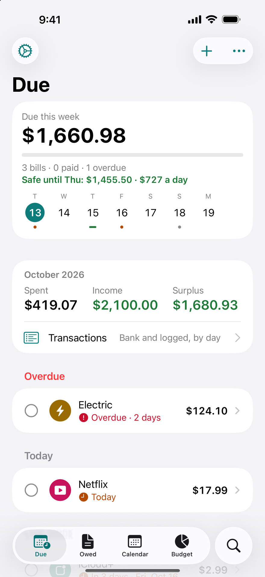 DueBy Due screen - a bill tracker showing what's due this week, an overdue bill, and what's safe to spend until payday