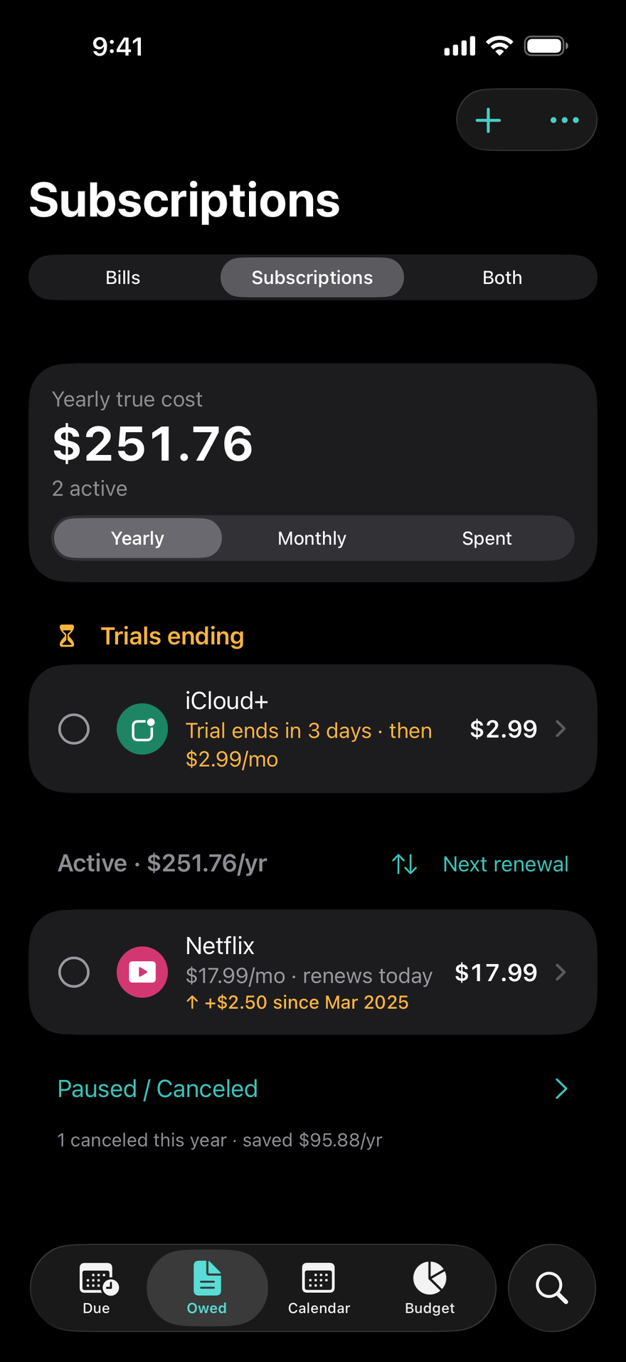 DueBy Subscriptions screen - track subscriptions by their yearly true cost, with a free trial ending and a price increase