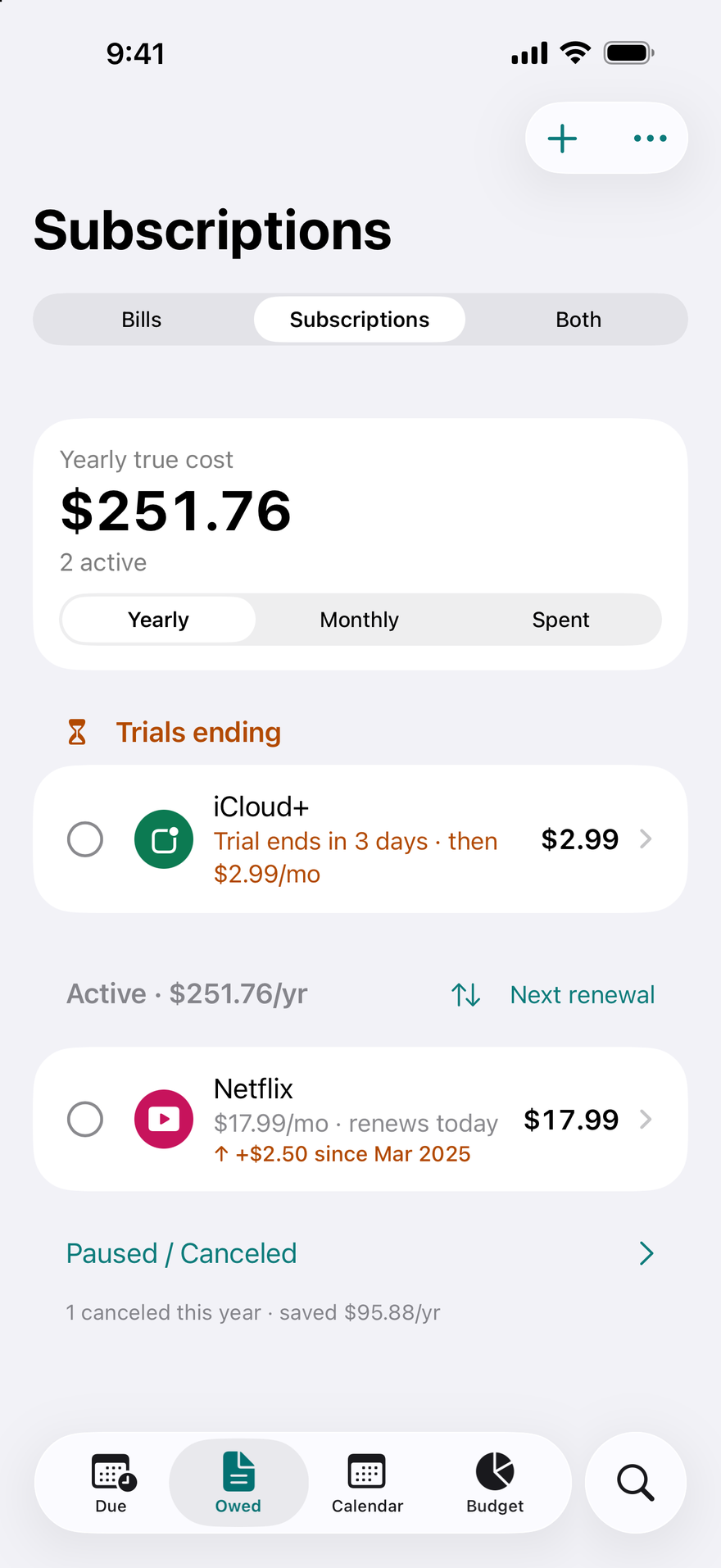 DueBy Subscriptions screen - track subscriptions by their yearly true cost, with a free trial ending and a price increase