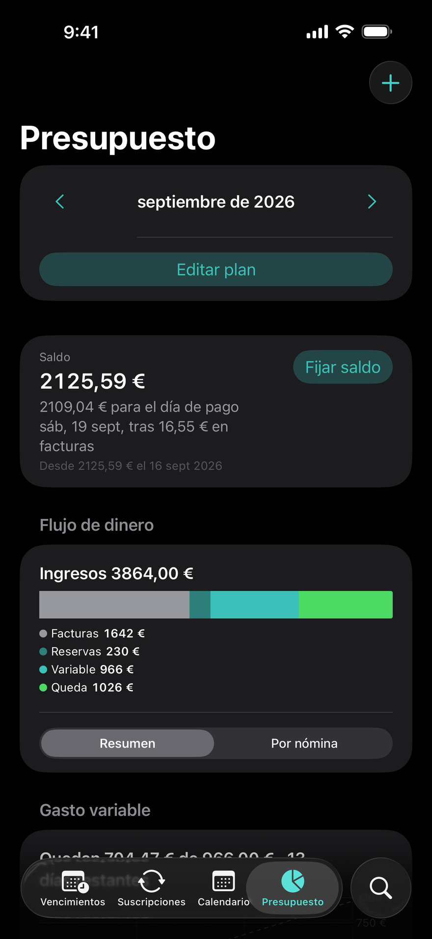 Presupuesto de DueBy: barra de flujo de dinero, tarjetas por nómina y progreso por categoría