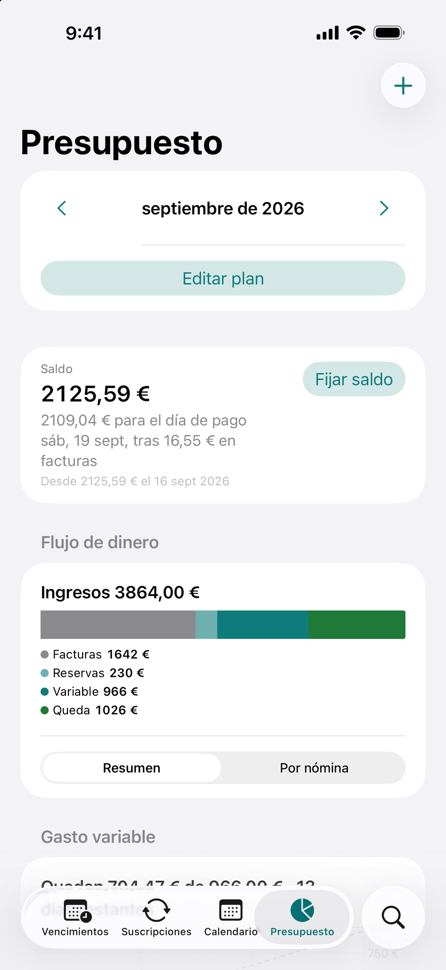 Presupuesto de DueBy: barra de flujo de dinero, tarjetas por nómina y progreso por categoría