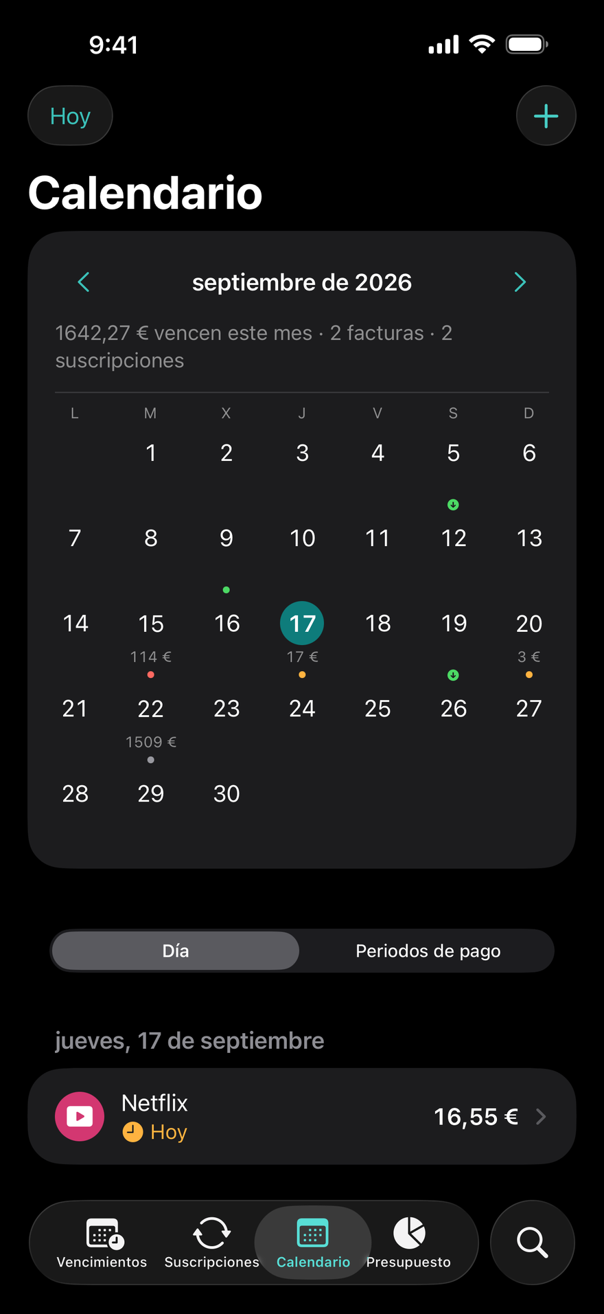 Calendario de DueBy: una cuadrícula mensual con puntos en los vencimientos, días de pago y las facturas del día seleccionado