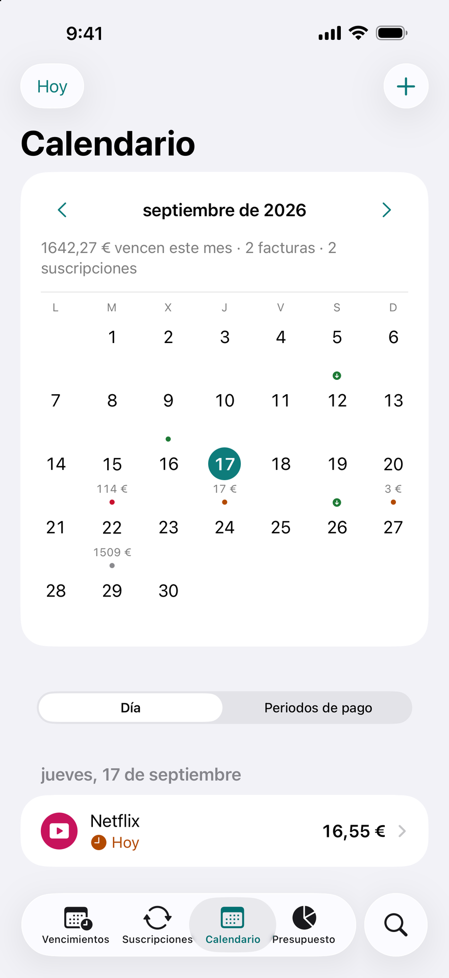 Calendario de DueBy: una cuadrícula mensual con puntos en los vencimientos, días de pago y las facturas del día seleccionado