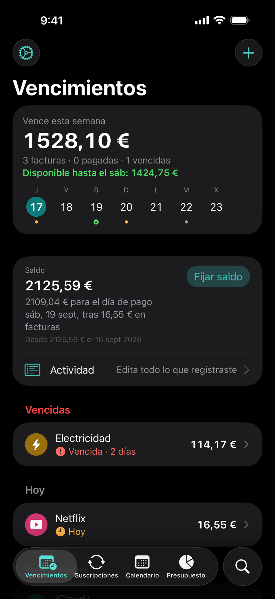 Pantalla Vencimientos de DueBy: $1,660.98 vencen esta semana, Disponible hasta el sábado $1,911.73, una factura de la luz vencida, Netflix vence hoy e iCloud+ vence en 3 días