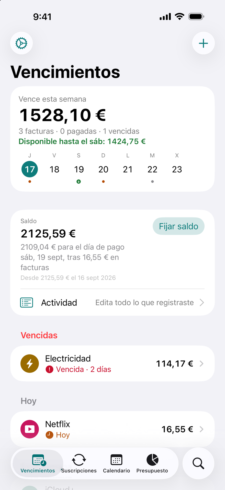 Pantalla Vencimientos de DueBy: $1,660.98 vencen esta semana, Disponible hasta el sábado $1,911.73, una factura de la luz vencida, Netflix vence hoy e iCloud+ vence en 3 días