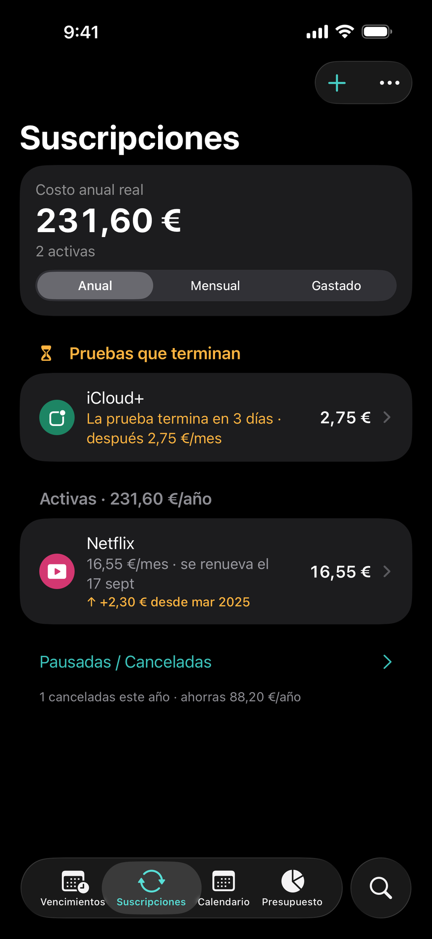 Suscripciones de DueBy: pruebas que terminan, suscripciones activas con un total anual y una etiqueta de aumento de precio