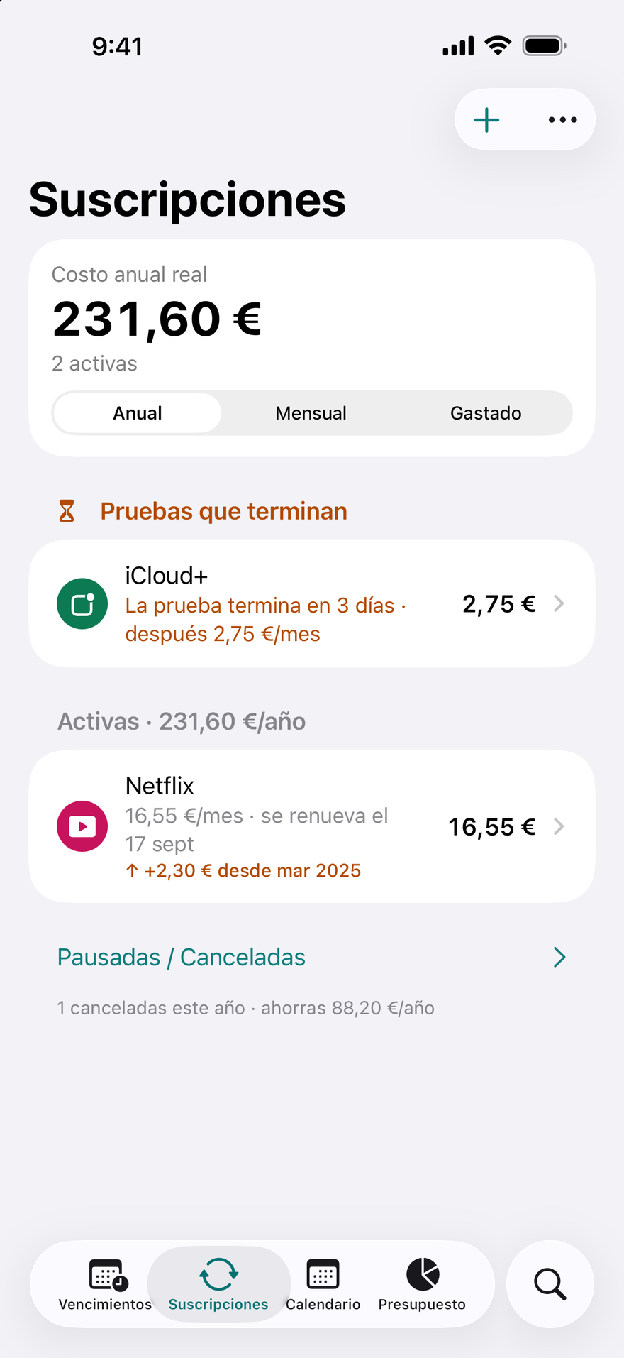 Suscripciones de DueBy: pruebas que terminan, suscripciones activas con un total anual y una etiqueta de aumento de precio
