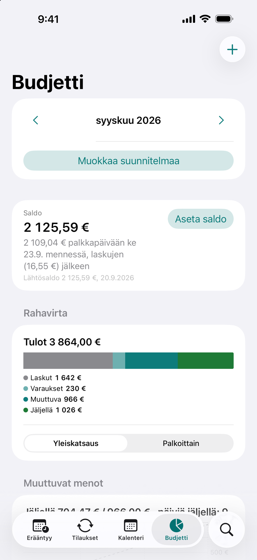 DueBy-sovelluksen Budjetti: rahavirtapalkki, palkkakohtaiset kortit ja luokkien edistyminen