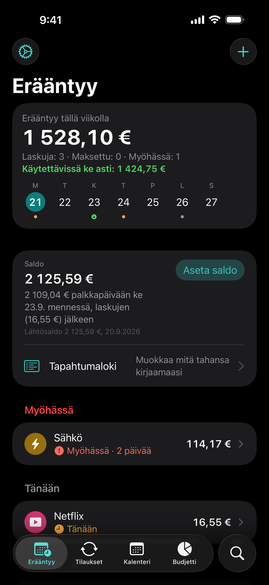 DueBy-sovelluksen Erääntyy-näkymä: tällä viikolla erääntyy 1 660,98 $, Käytettävissä lauantaihin asti 1 911,73 $, myöhässä oleva sähkölasku, Netflix erääntyy tänään ja iCloud+ erääntyy 3 päivän päästä