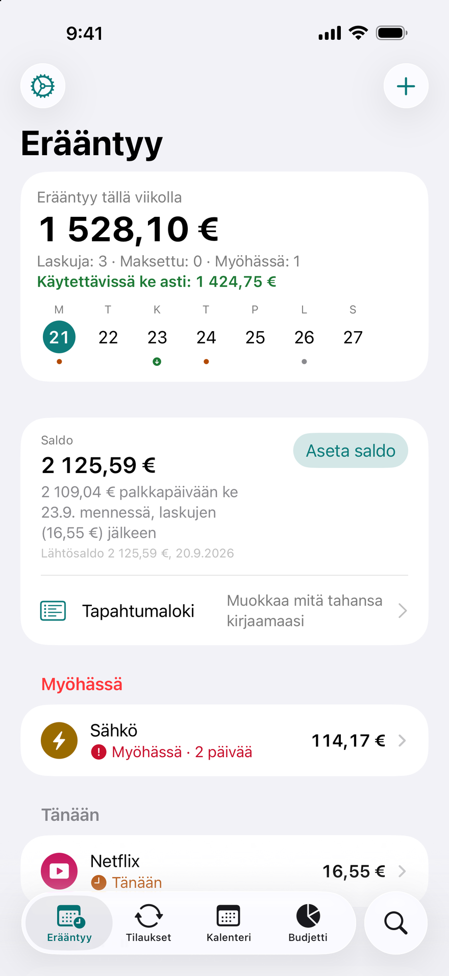 DueBy-sovelluksen Erääntyy-näkymä: tällä viikolla erääntyy 1 660,98 $, Käytettävissä lauantaihin asti 1 911,73 $, myöhässä oleva sähkölasku, Netflix erääntyy tänään ja iCloud+ erääntyy 3 päivän päästä