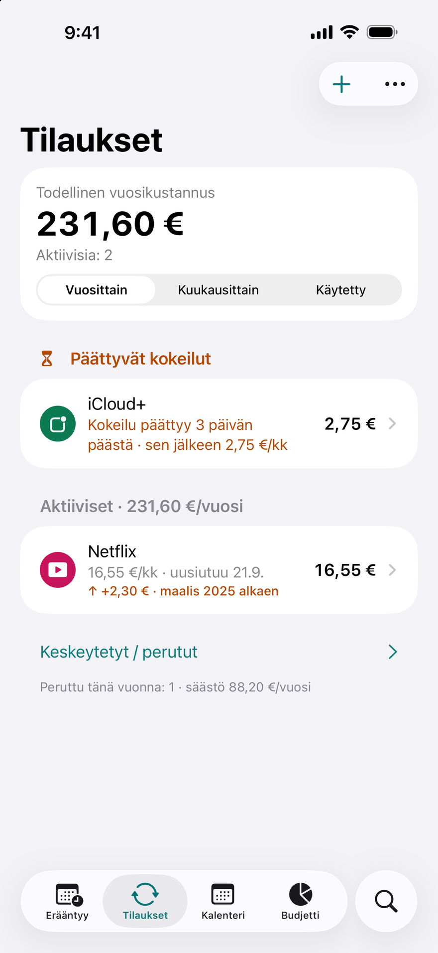 DueBy-sovelluksen Tilaukset: päättyvät kokeilut, aktiiviset tilaukset vuosisummineen ja hinnankorotuksen merkki
