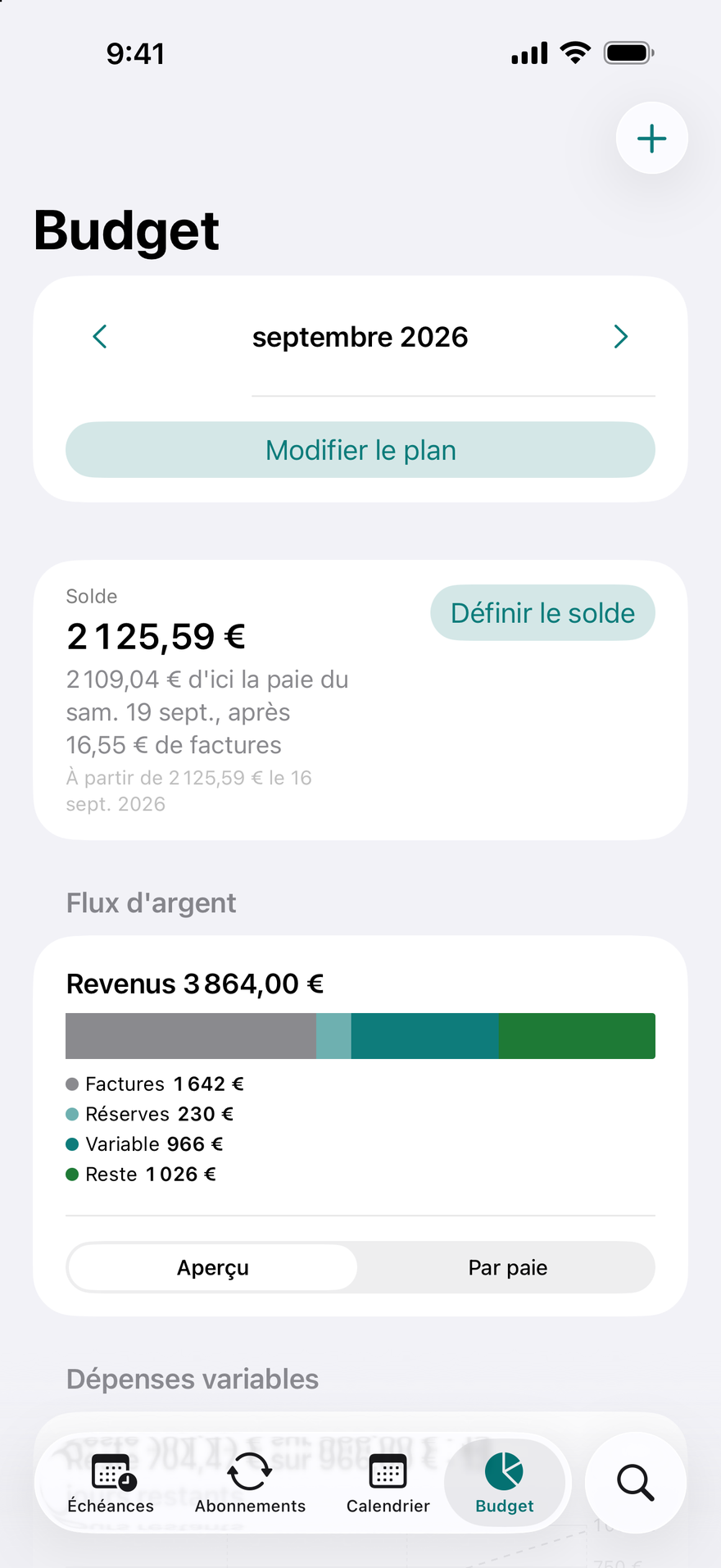 Budget DueBy : barre des flux d'argent, cartes par paie et progression par catégorie