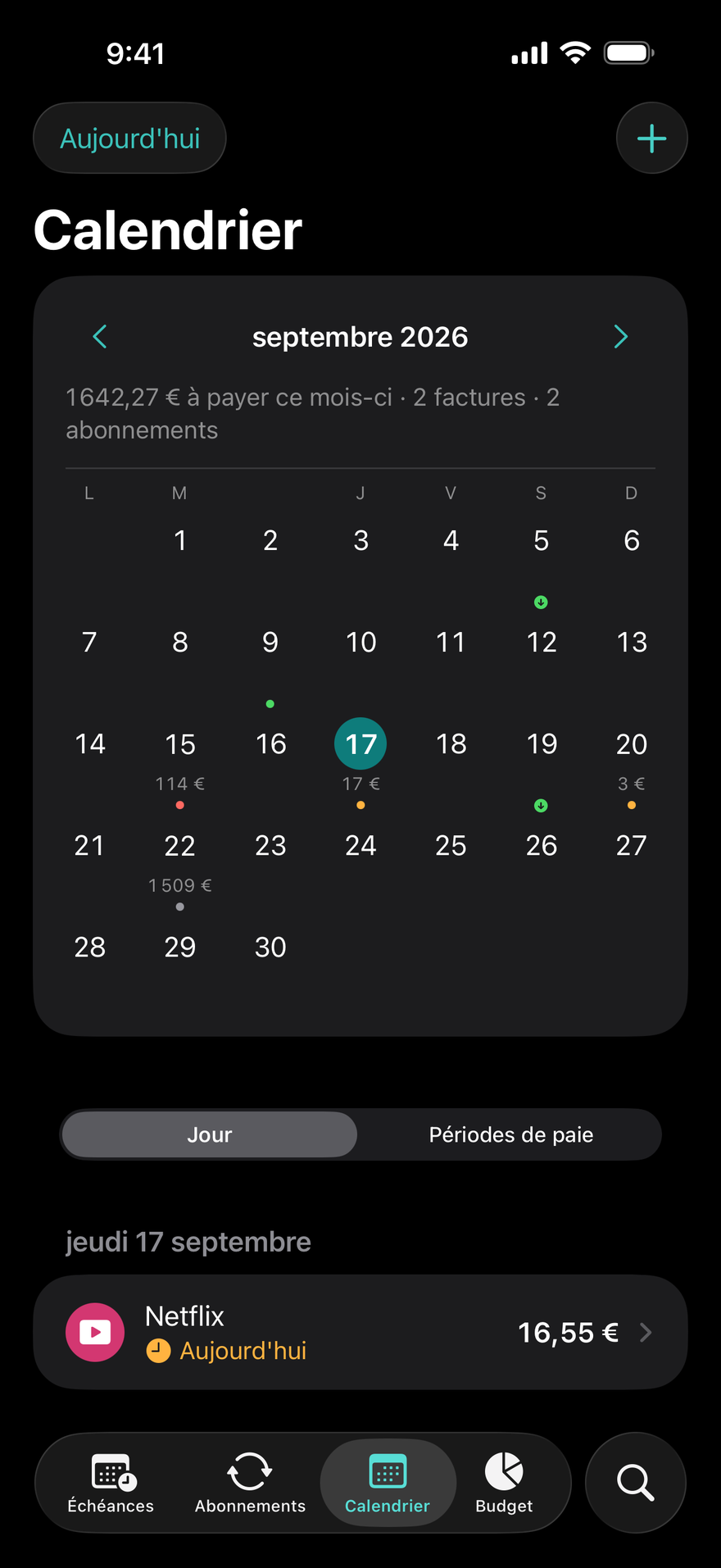 Calendrier DueBy : une grille mensuelle avec des points d'échéance, les jours de paie et les factures du jour sélectionné