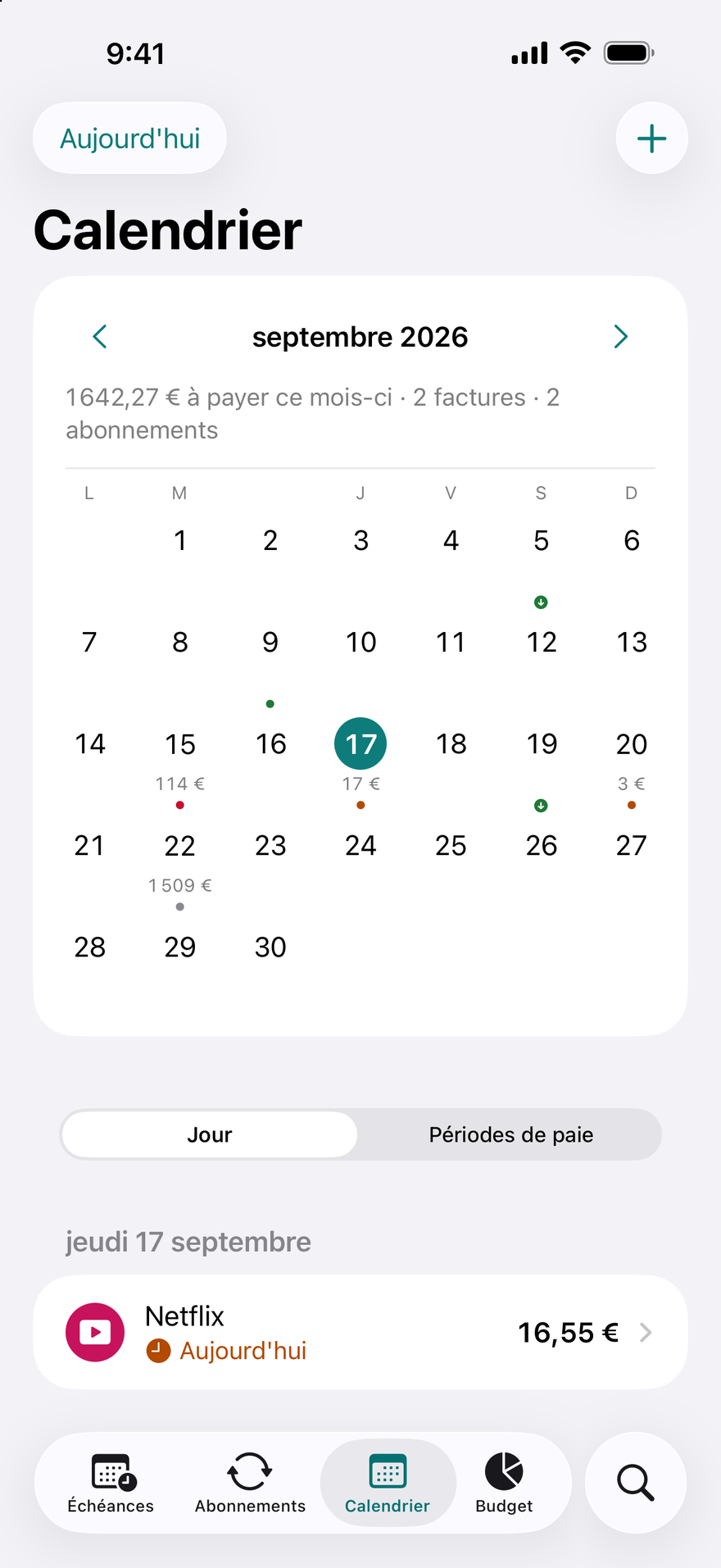 Calendrier DueBy : une grille mensuelle avec des points d'échéance, les jours de paie et les factures du jour sélectionné