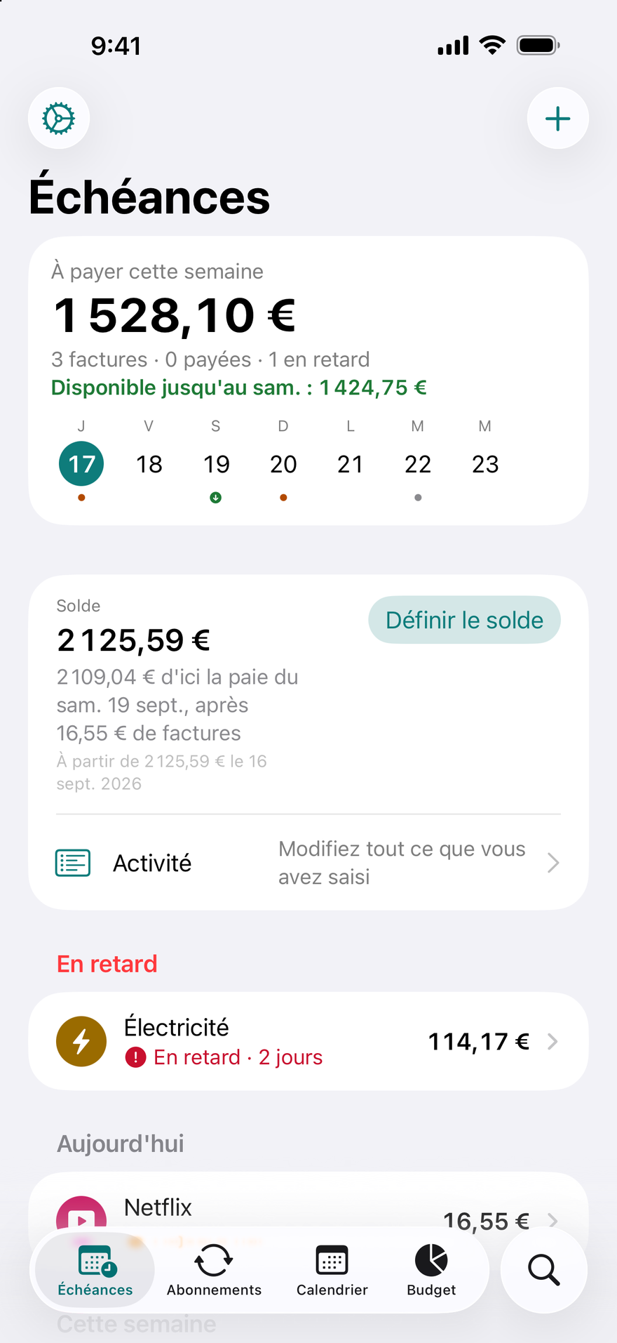 Écran Échéances de DueBy : 1 660,98 $ à payer cette semaine, Disponible jusqu'au samedi 1 911,73 $, une facture d'électricité en retard, Netflix à payer aujourd'hui et iCloud+ à payer dans 3 jours