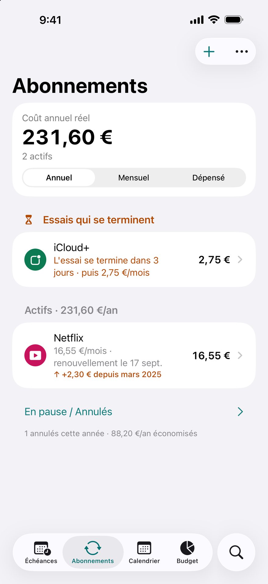 Abonnements DueBy : essais qui se terminent, abonnements actifs avec un total annuel et une pastille de hausse de prix