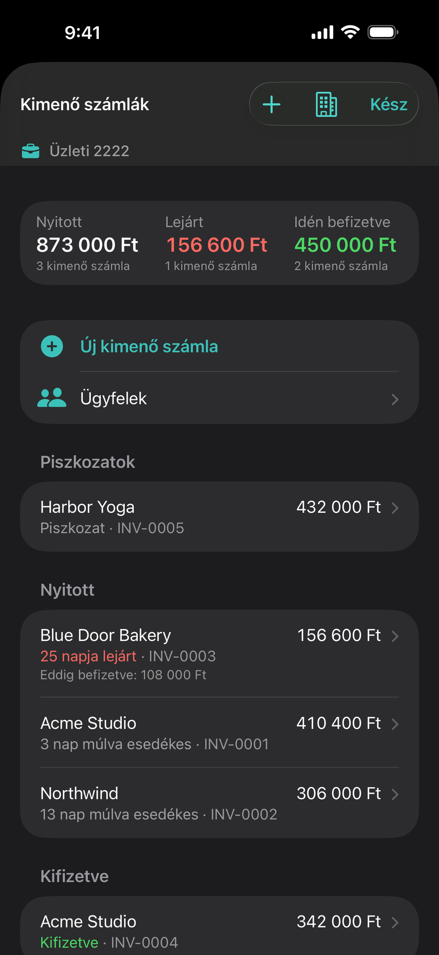 Kimenő számlák és ügyfelek